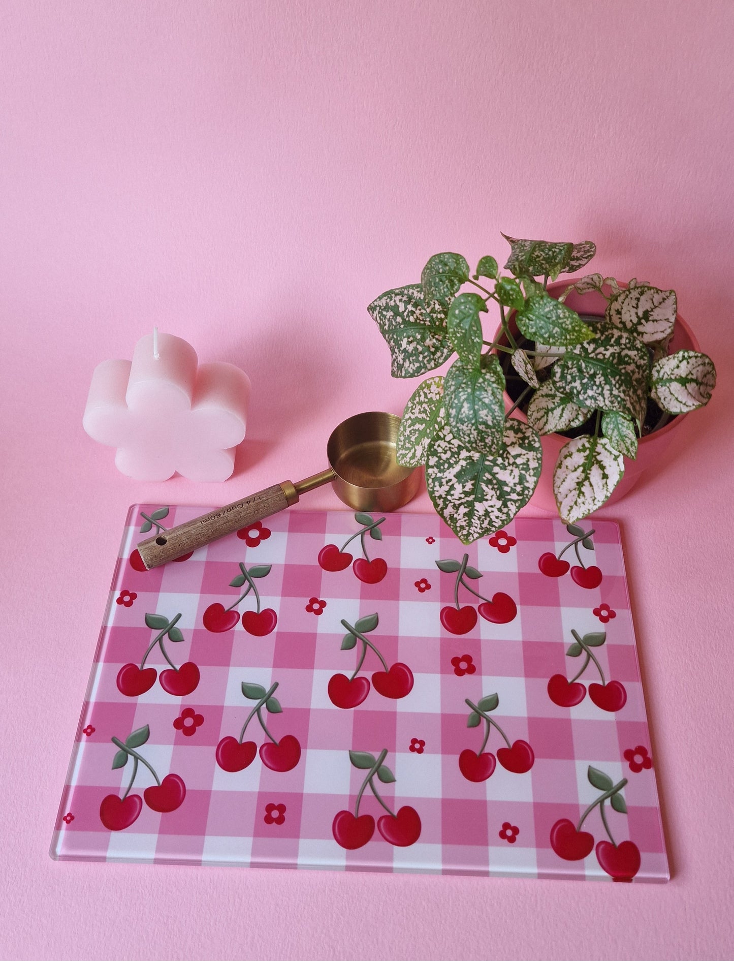 Cherry Gingham Coquette Style Glass Chopping board