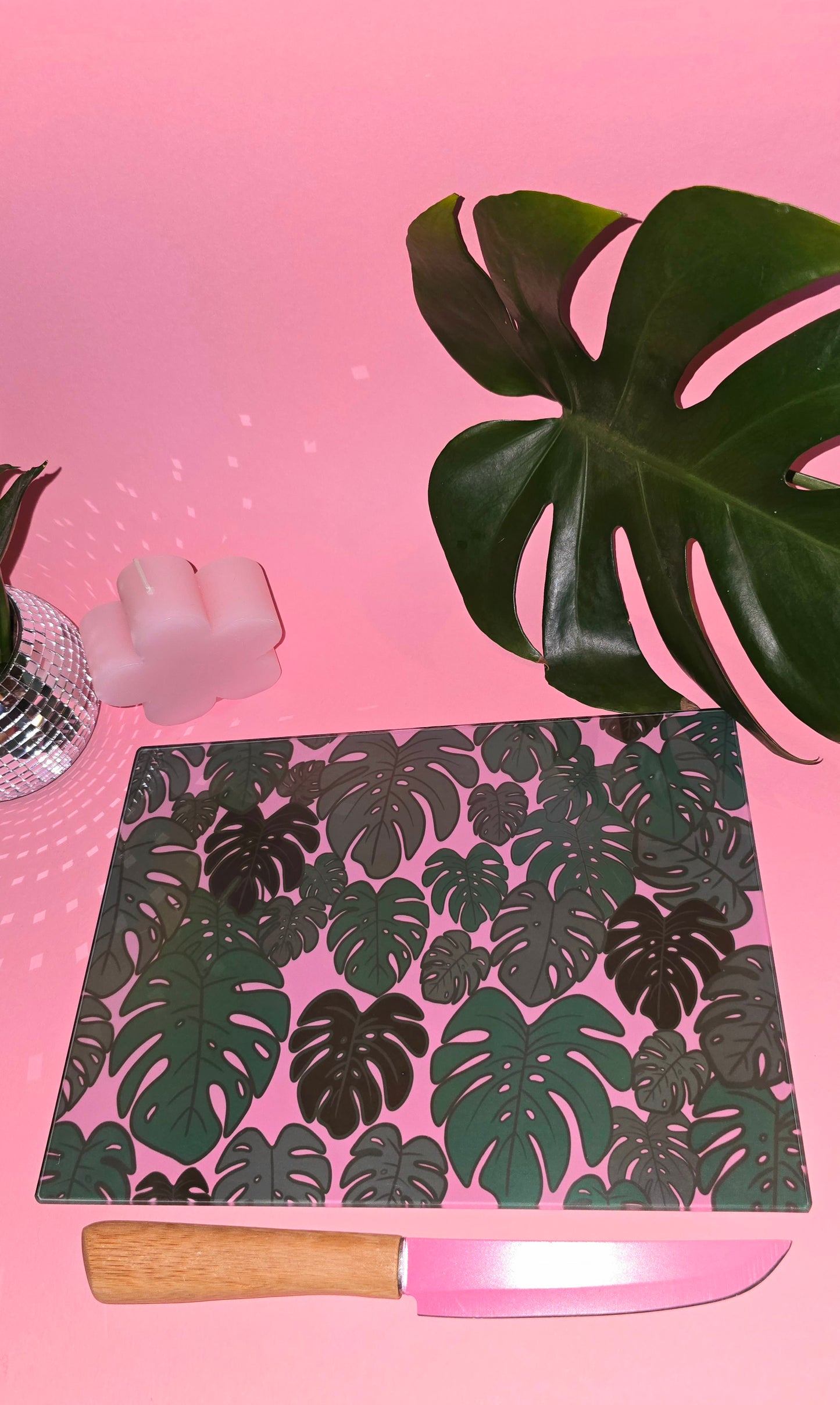 Monstera Plant Pink Glass Chopping Board