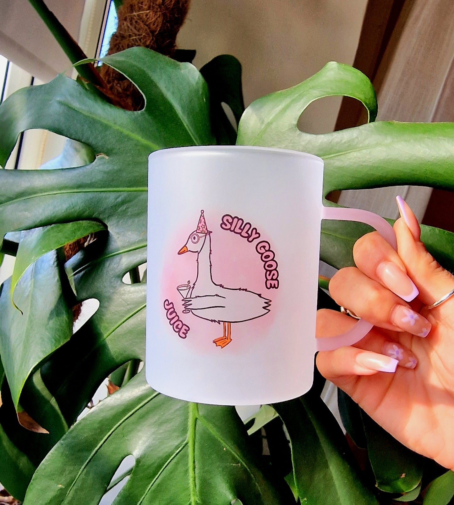 Silly Goose Juice | Pink Handled Frosted Glass Mug