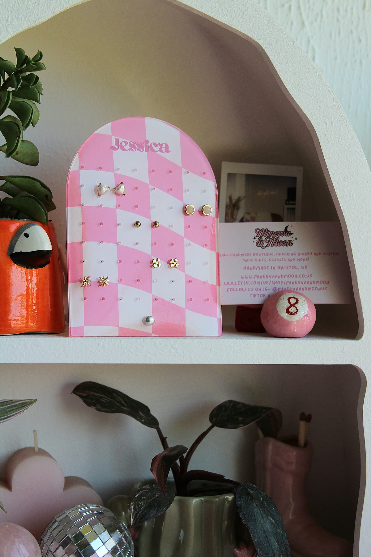 Earring Display Stand | Pink Check Personalised Stand | Holds 32 Pairs of Earrings | Stud Earring Jewelery Holder