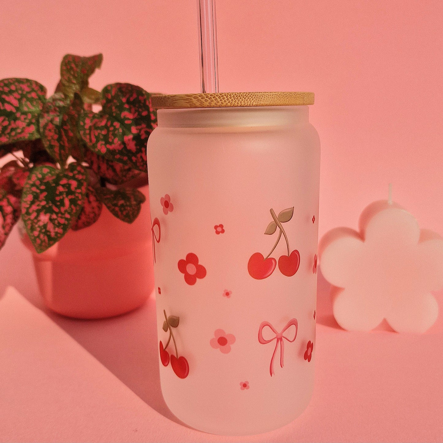 Cute Cherry Coquette Aesthetic Bows Glass Tumbler