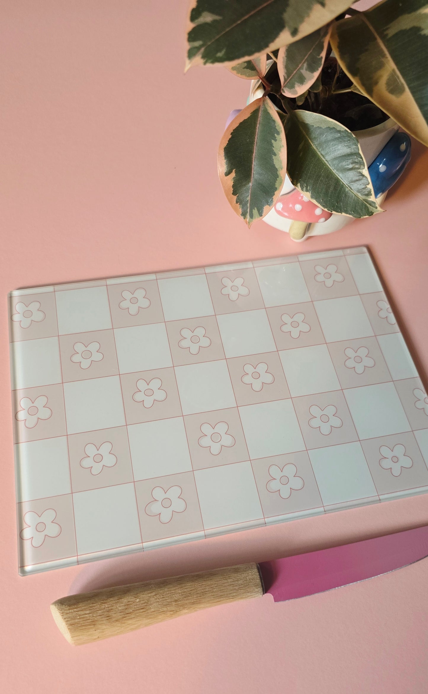 Pale Pink Flower Check Glass Chopping Board