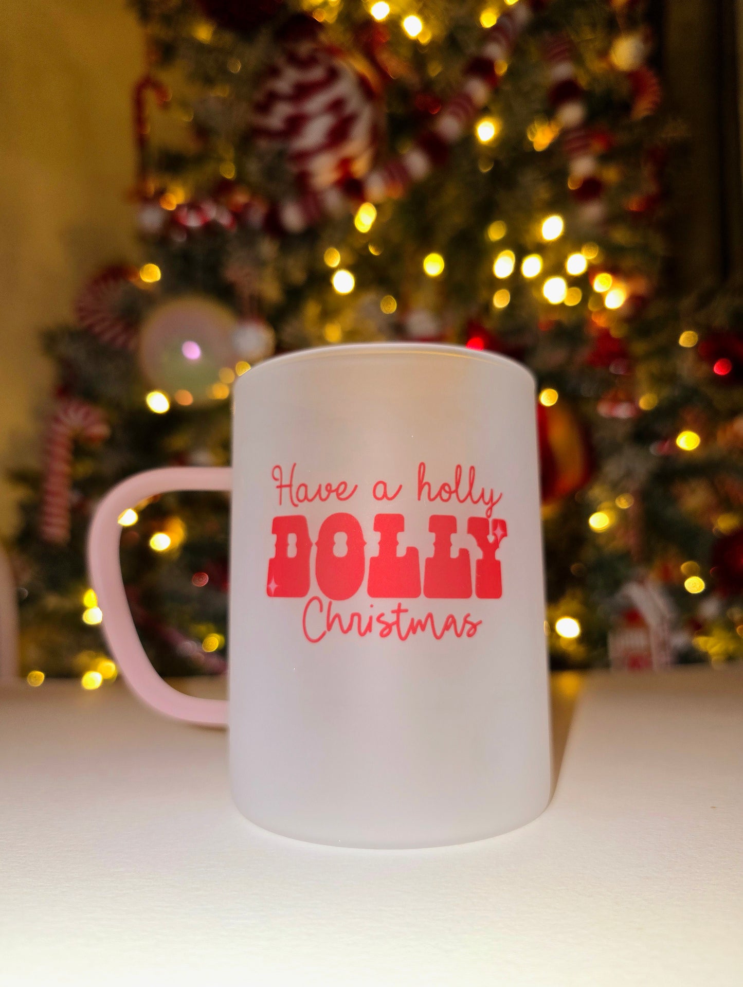 Holly Dolly Christmas Mug | Pink Handled Frosted Glass Mug