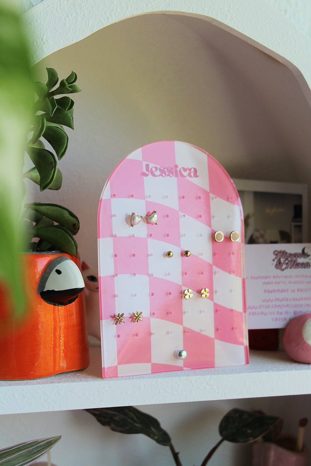 Earring Display Stand | Pink Check Personalised Stand | Holds 32 Pairs of Earrings | Stud Earring Jewelery Holder