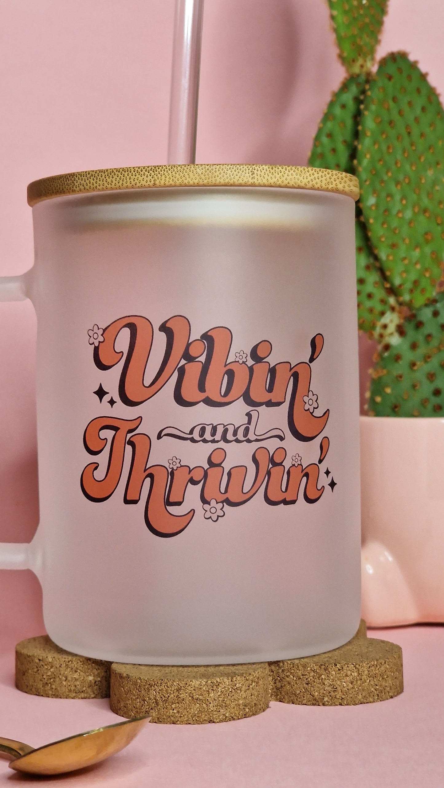 Vibing & Thriving | Large Lidded 17oz Frosted Glass Mug