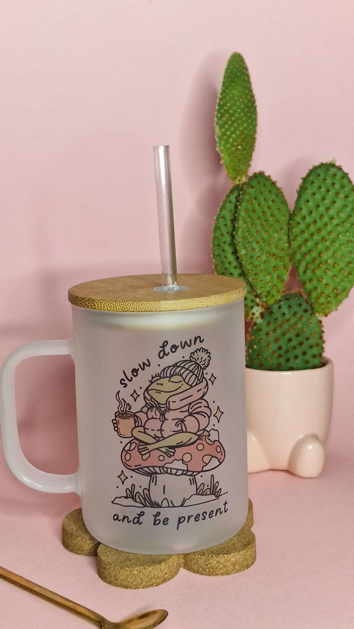 Slow Down | Large Lidded 17oz Frosted Glass Mug