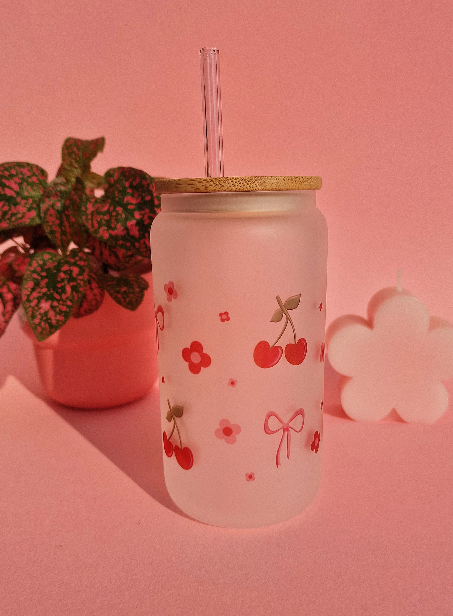 Cute Cherry Coquette Aesthetic Bows Glass Tumbler