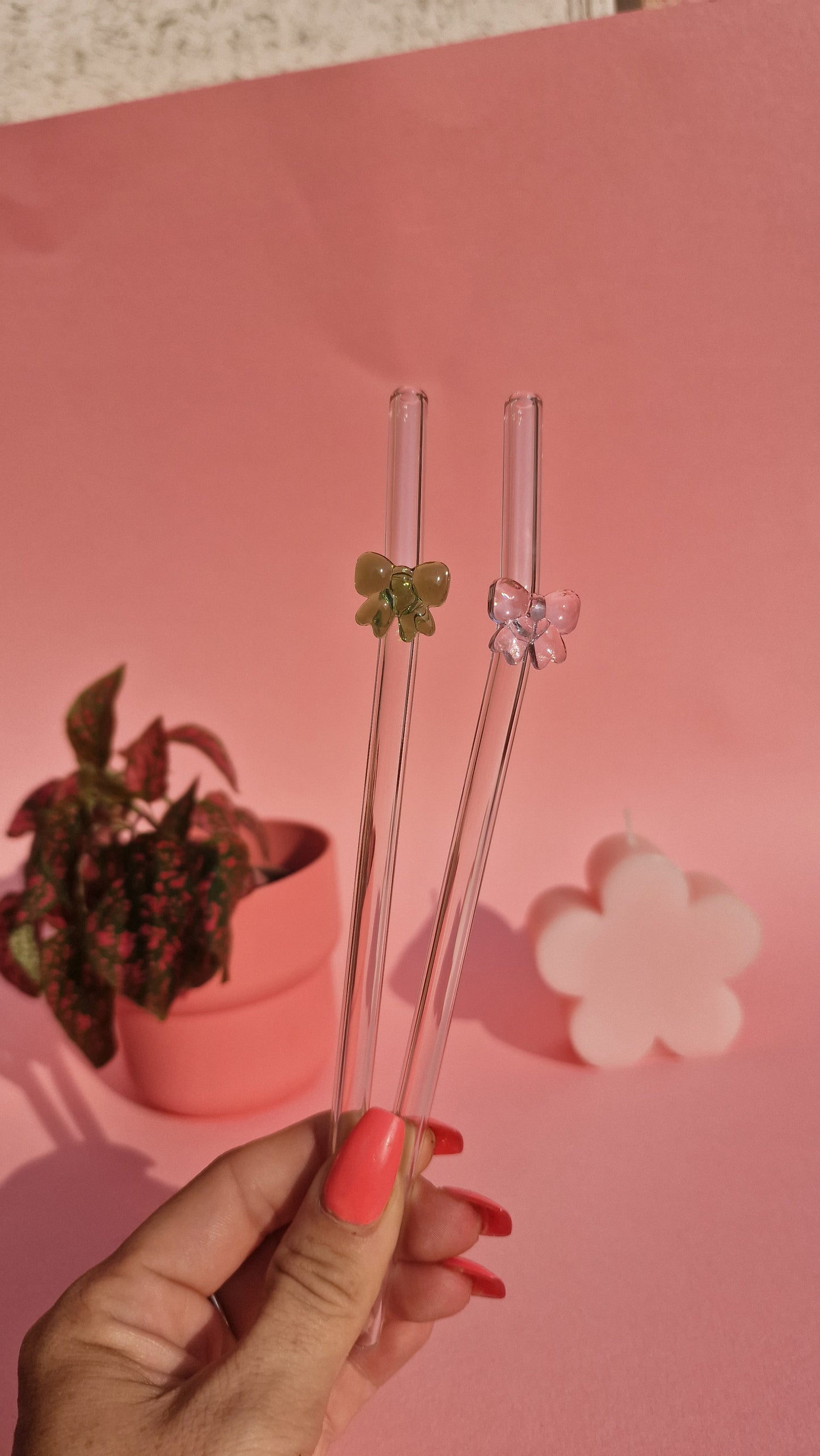 Pink & Green Glass Bow Coquette Aesthetic Pastel Glass Straws