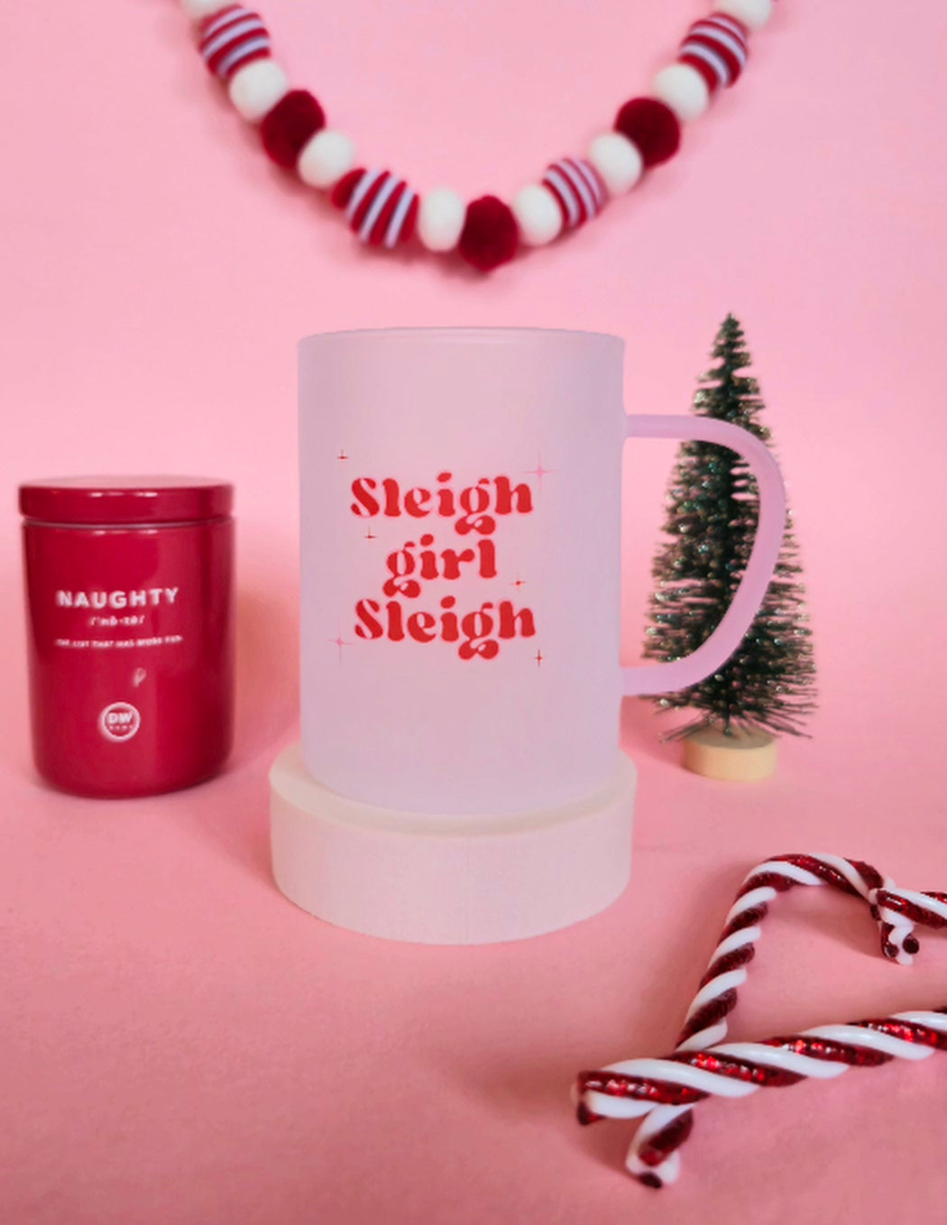 Sleigh Girl Sleigh Christmas Mug| Pink Handled Frosted Glass Mug