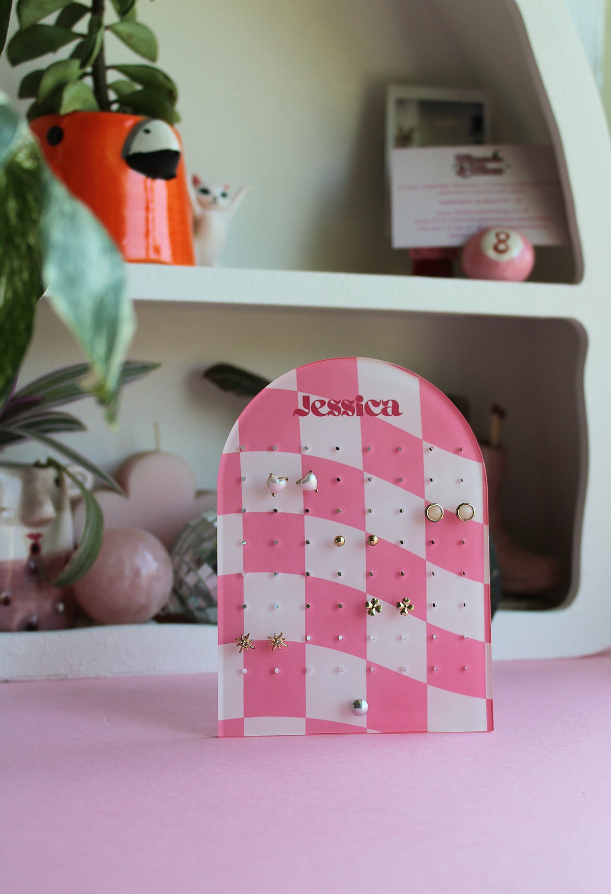 Earring Display Stand | Pink Check Personalised Stand | Holds 32 Pairs of Earrings | Stud Earring Jewelery Holder