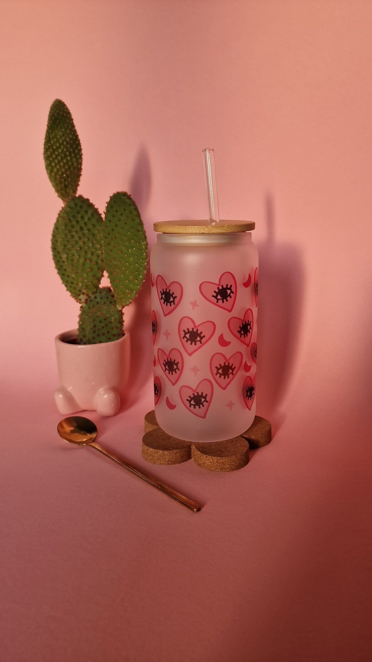 Pink Heart Evil Eye Love Protection | Glass Can Tumbler