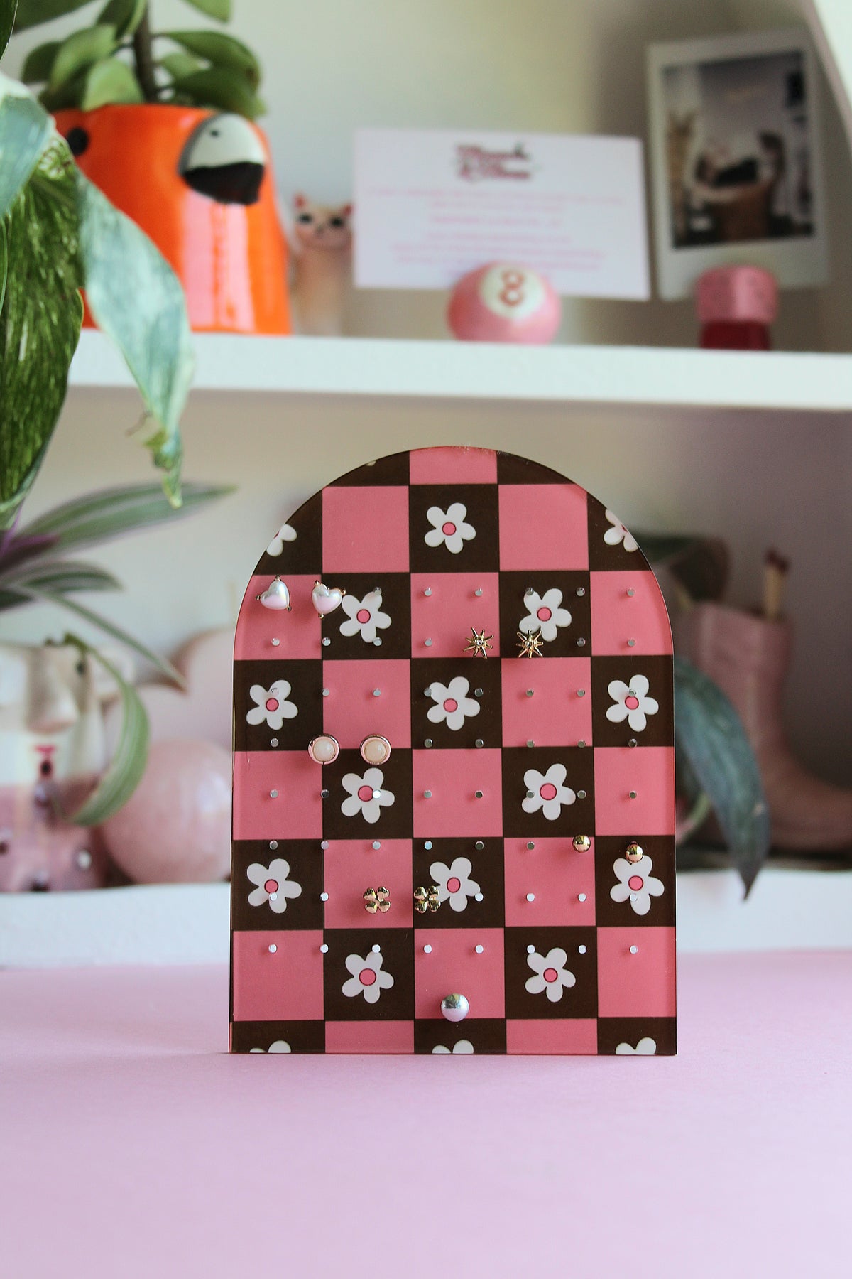 Earring Display Stand | Pink & Green Flowers | Holds 32 Pairs of Earrings | Stud Earring Jewelery Holder
