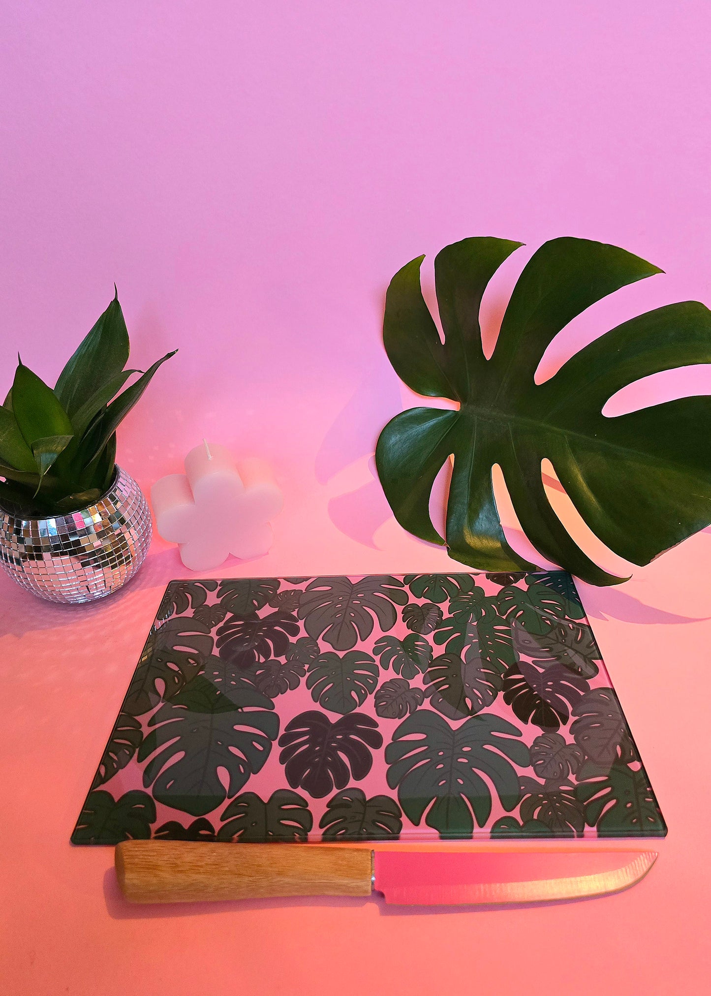 Monstera Plant Pink Glass Chopping Board