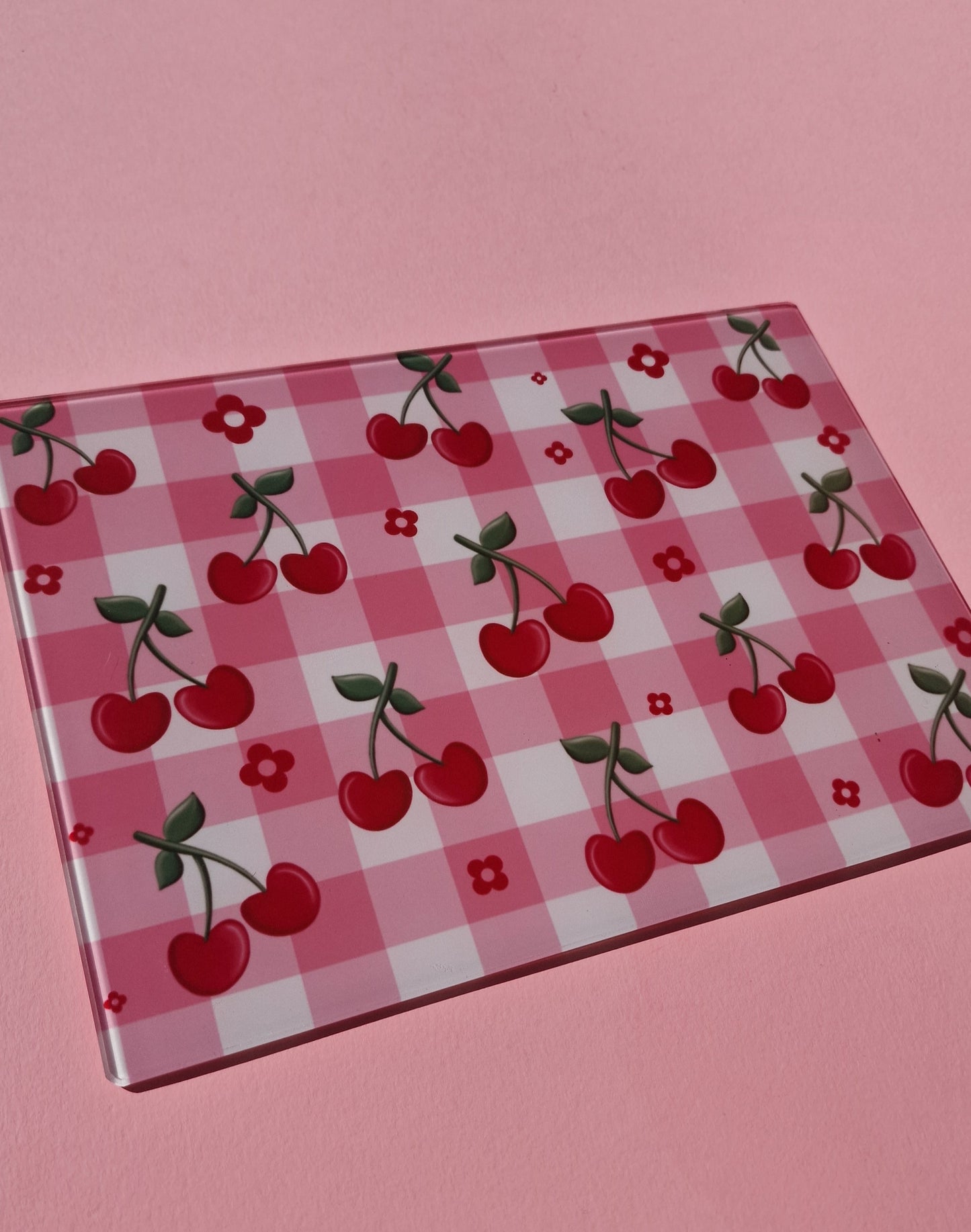 Cherry Gingham Coquette Style Glass Chopping board