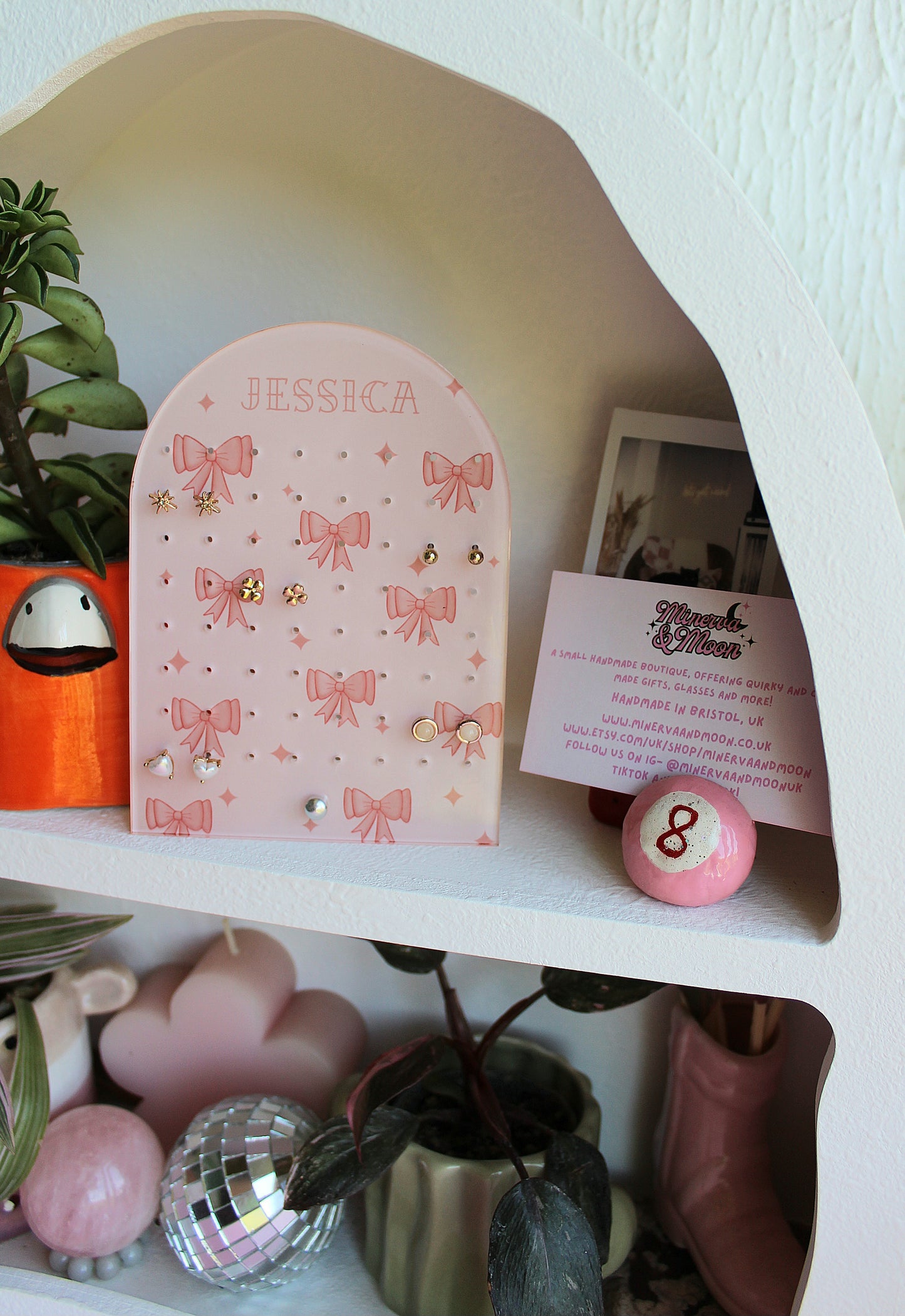 Personalised Earring Display Stand | Pink Bows | Holds 32 Pairs of Earrings | Stud Earring Jewelery Holder