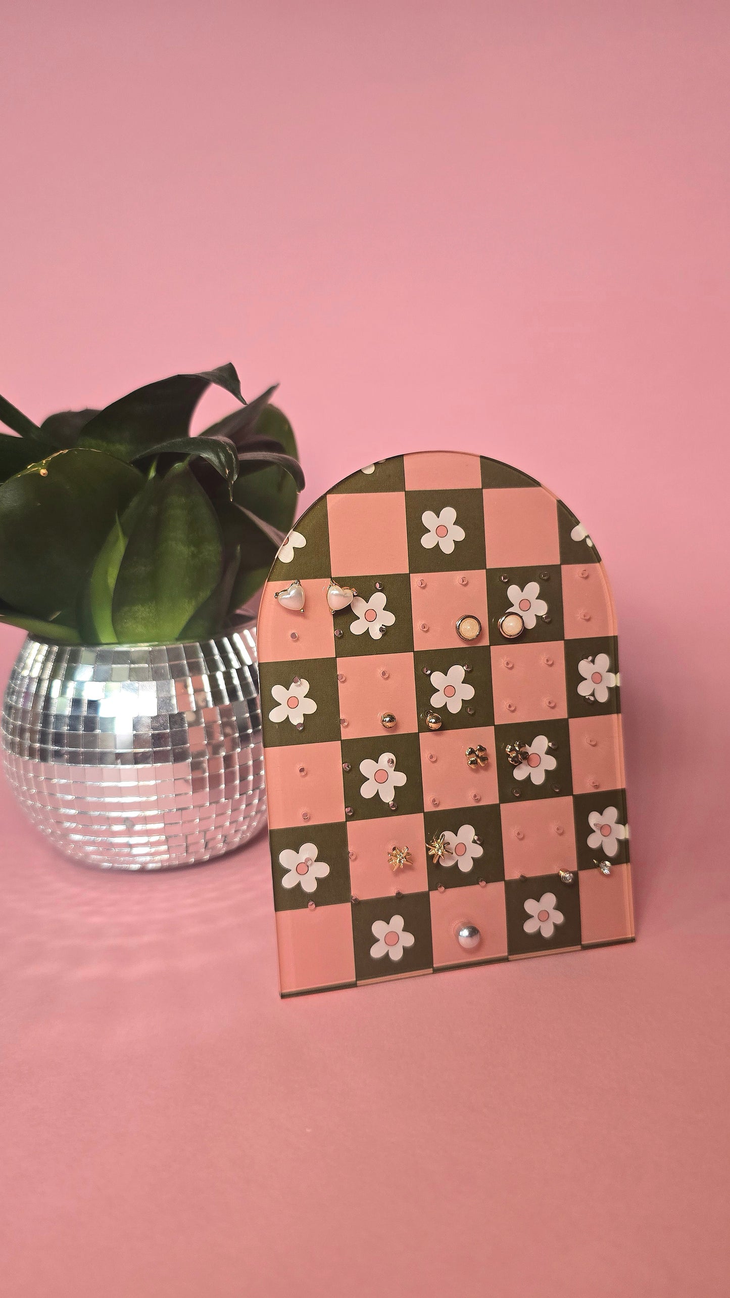 Earring Display Stand | Pink & Green Flowers | Holds 32 Pairs of Earrings | Stud Earring Jewelery Holder