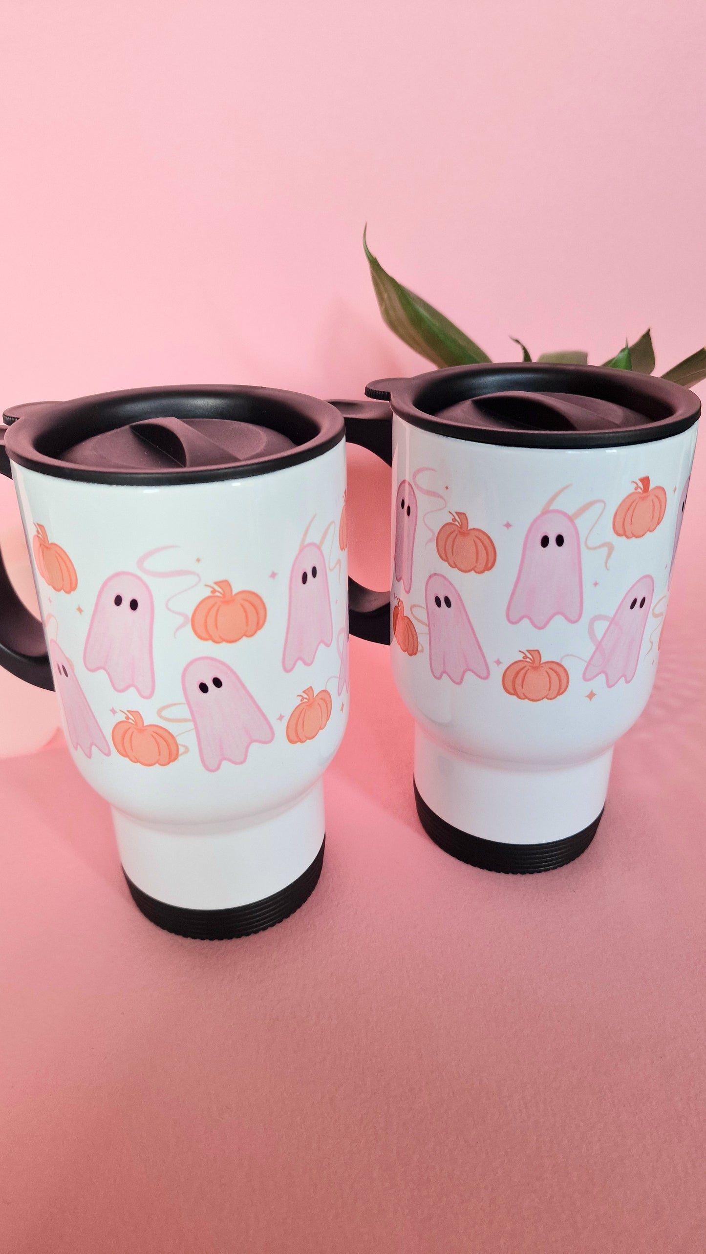 Cute Pink Ghost & Pumpkin Travel Mug