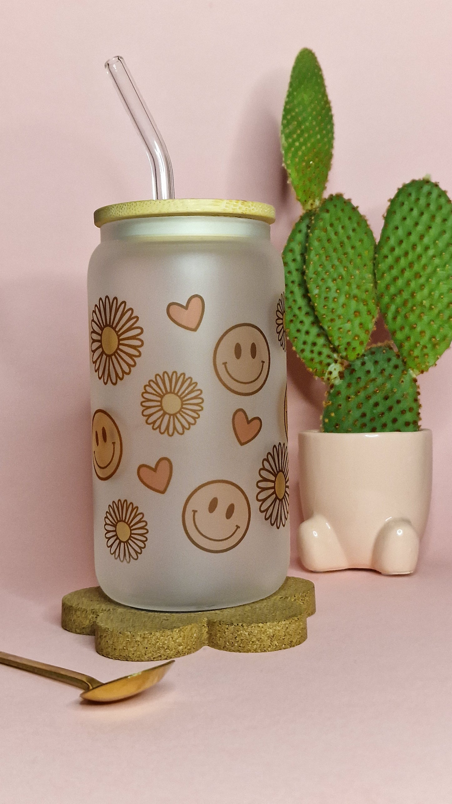 Smileys & Flowers  | 16oz glass can tumbler