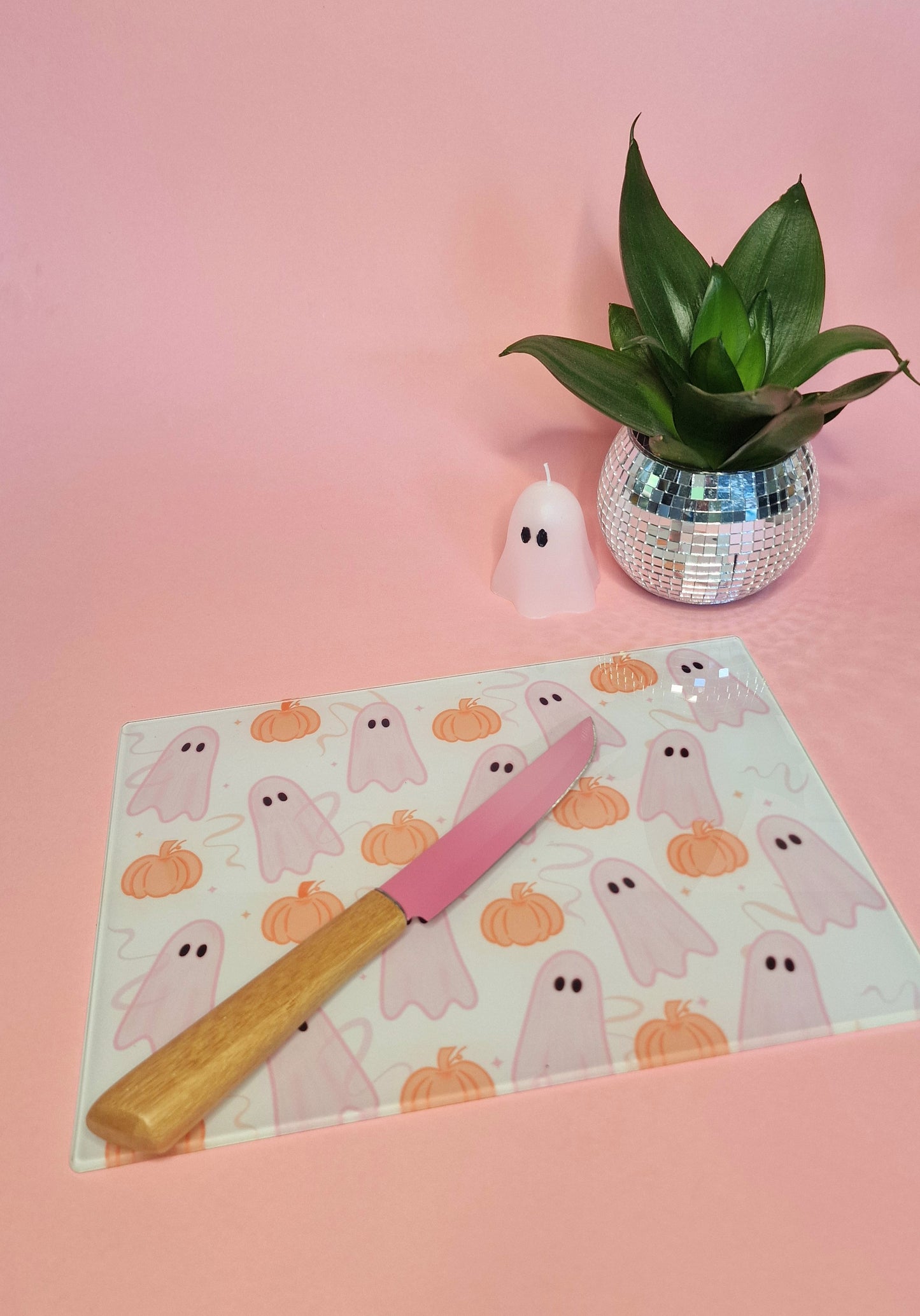 Pink Ghosties & Pumpkin Glass Chopping Board