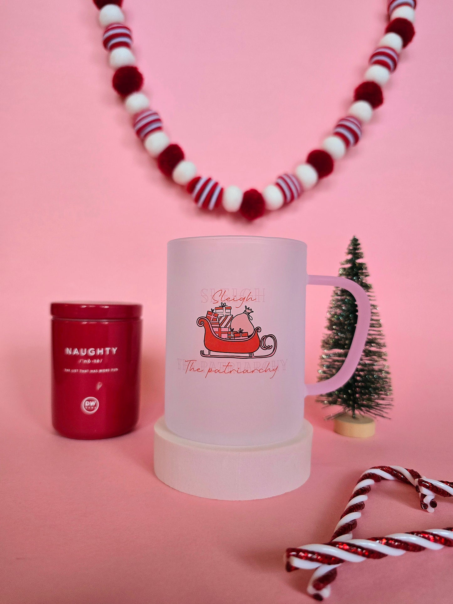 Sleigh The Patriarchy Christmas Mug | Pink Handled Frosted Glass Mug