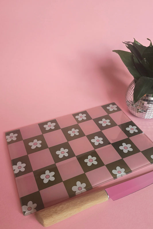 Pink & Green Flowers Glass Chopping Board