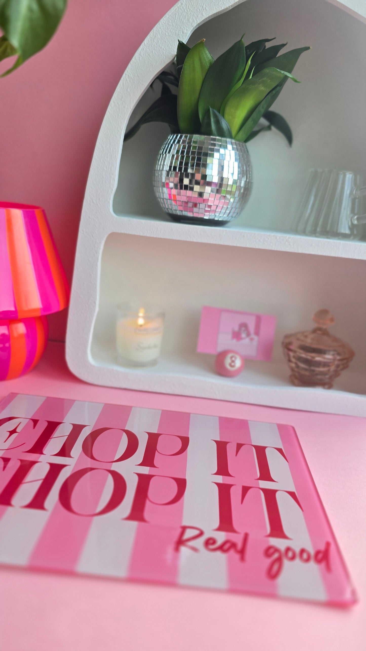 Chop It Real Good Pink Glass Chopping Board