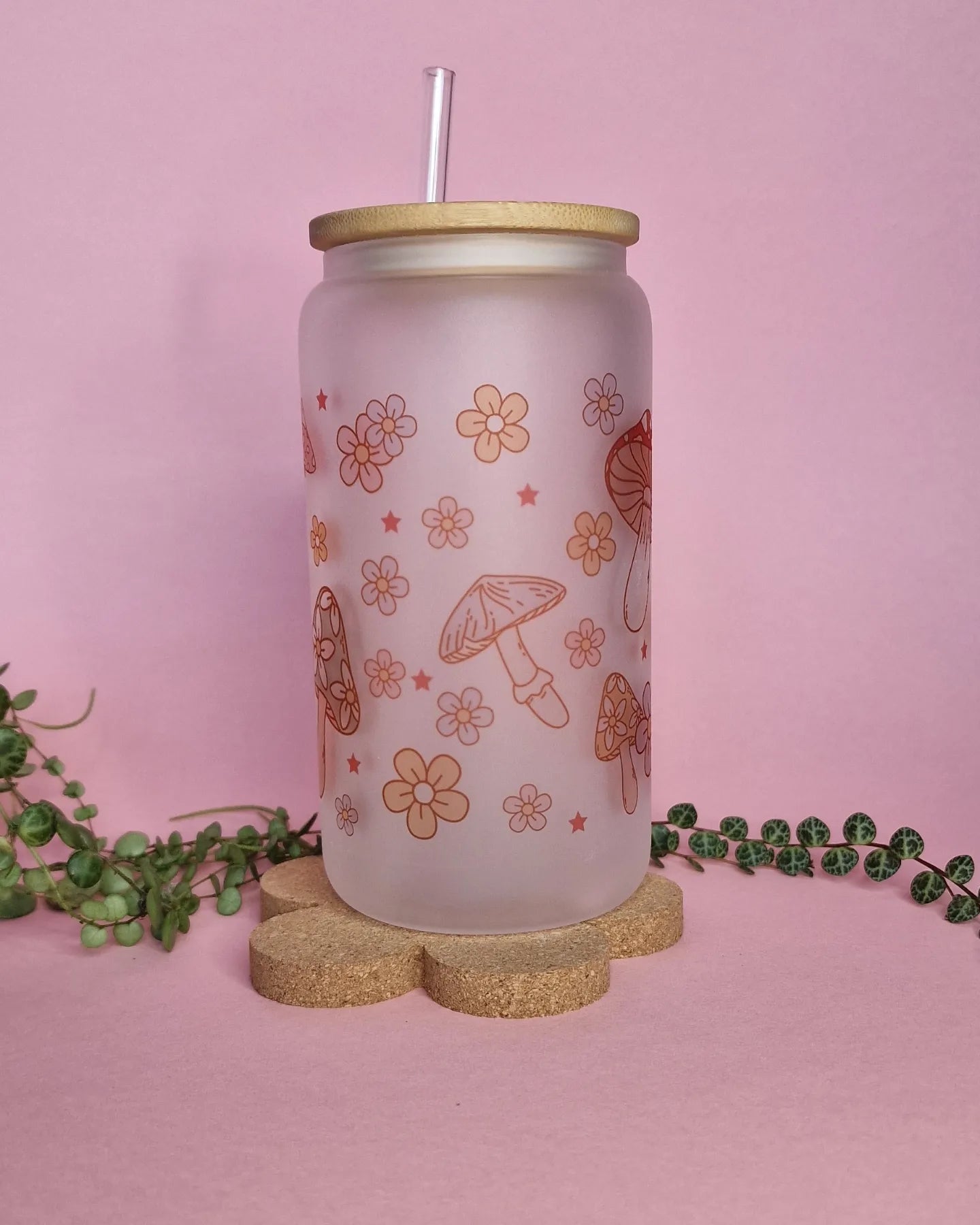 Mushroom & Flowers | 16oz Glass Can Tumbler