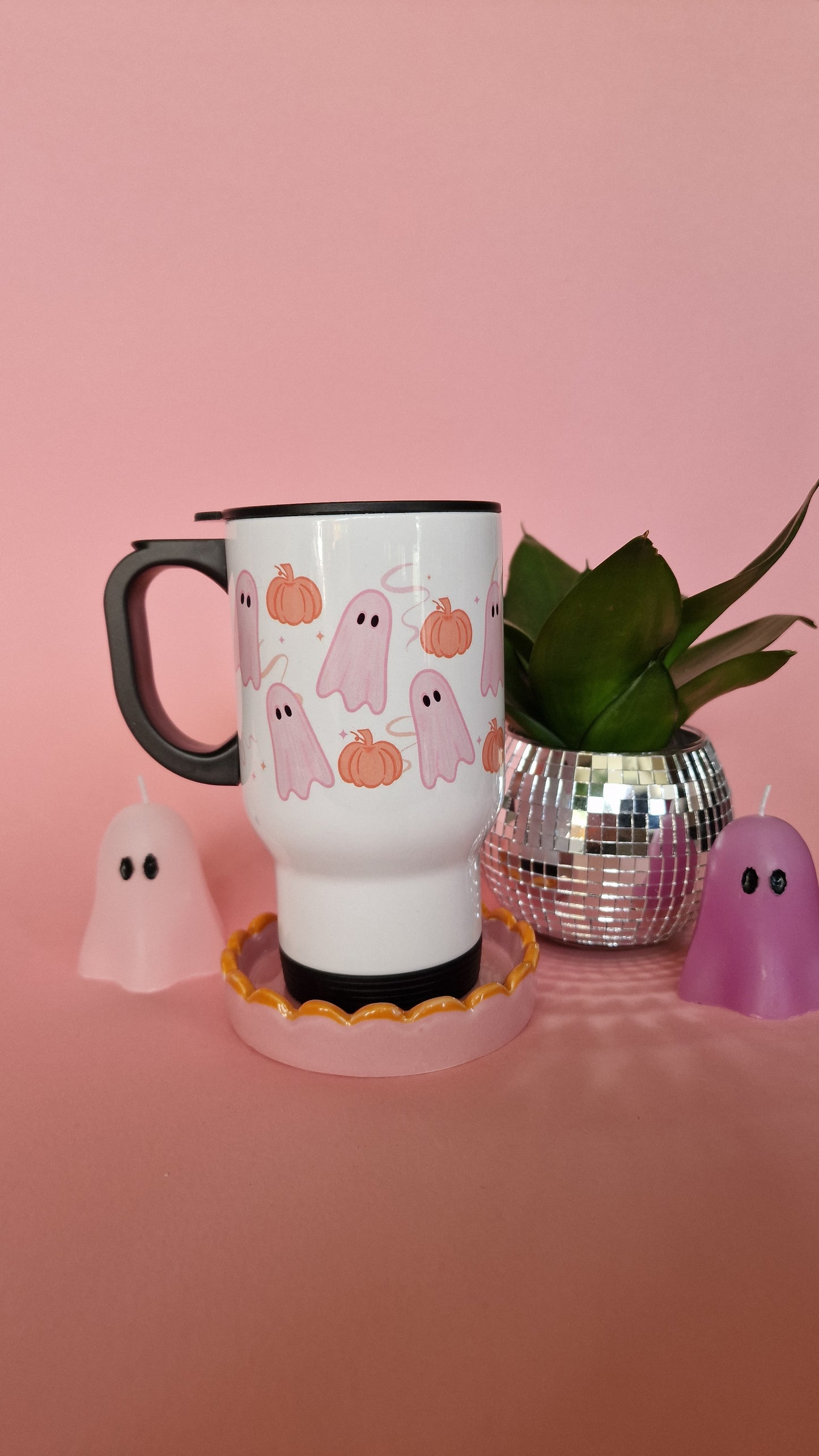 Pink Ghosties & Pumpkins Travel Mug