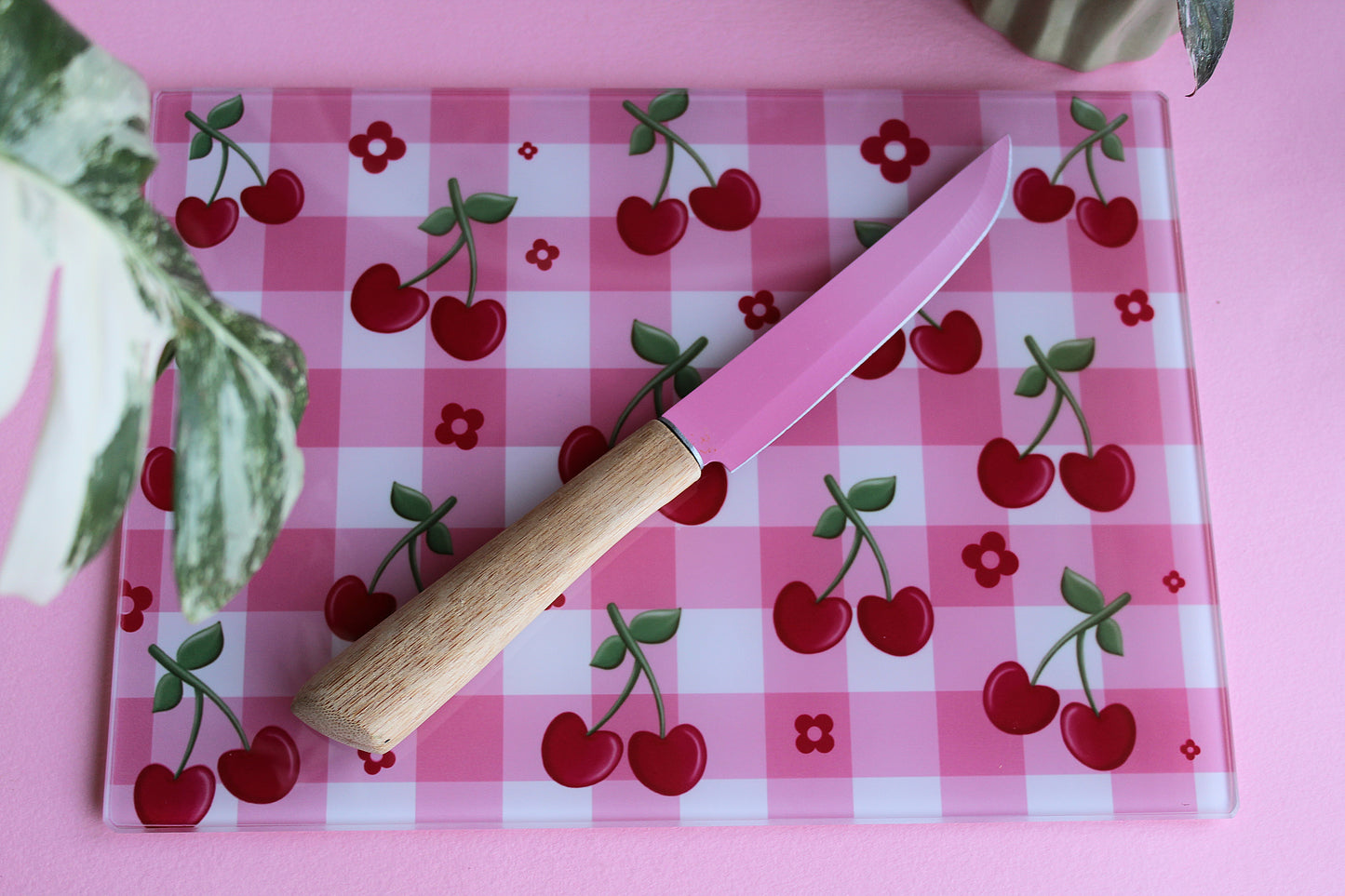 Cherry Gingham Coquette Style Glass Chopping board