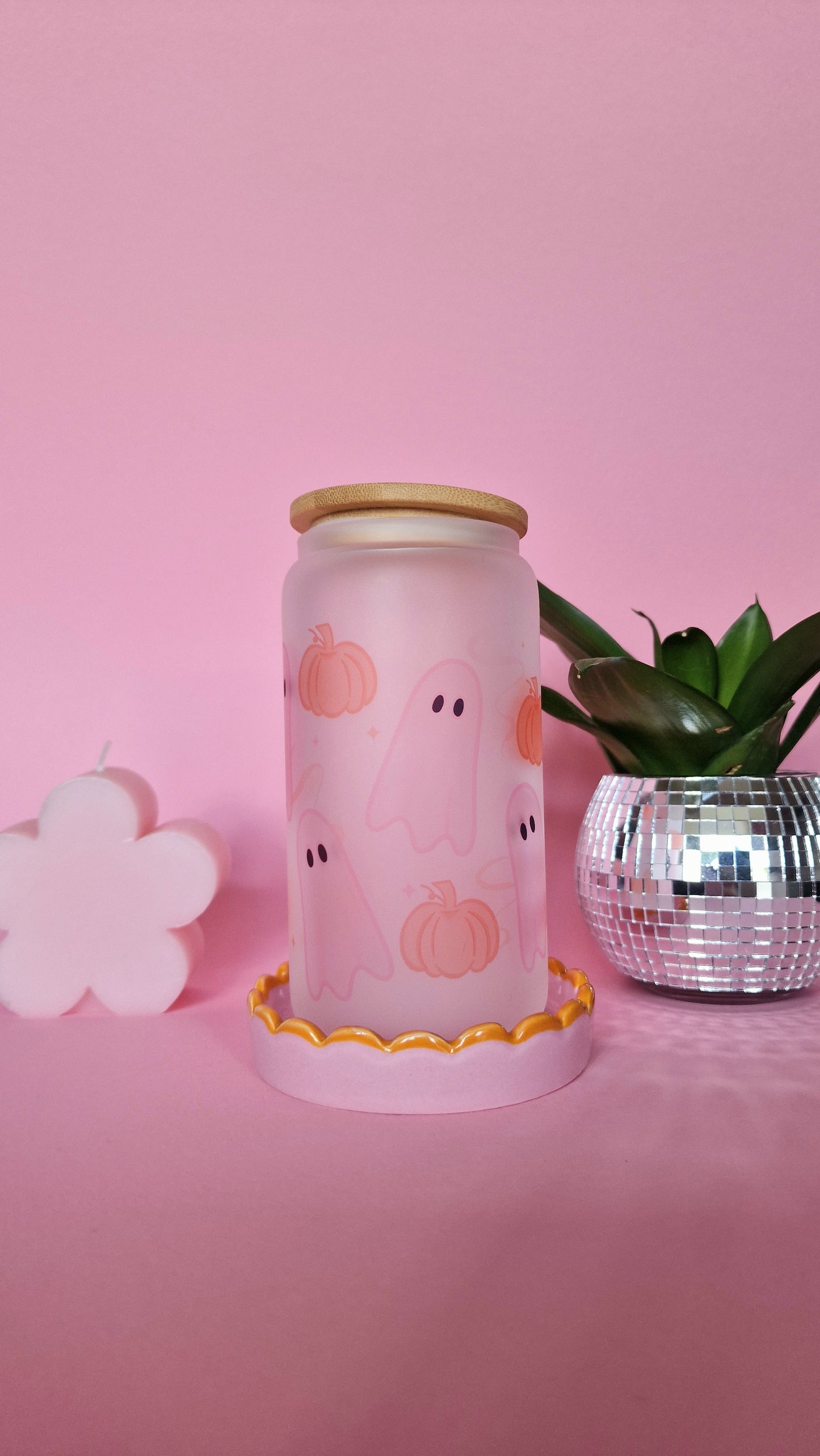 Ghost & Pumpkin Pink Halloween Glass Tumbler