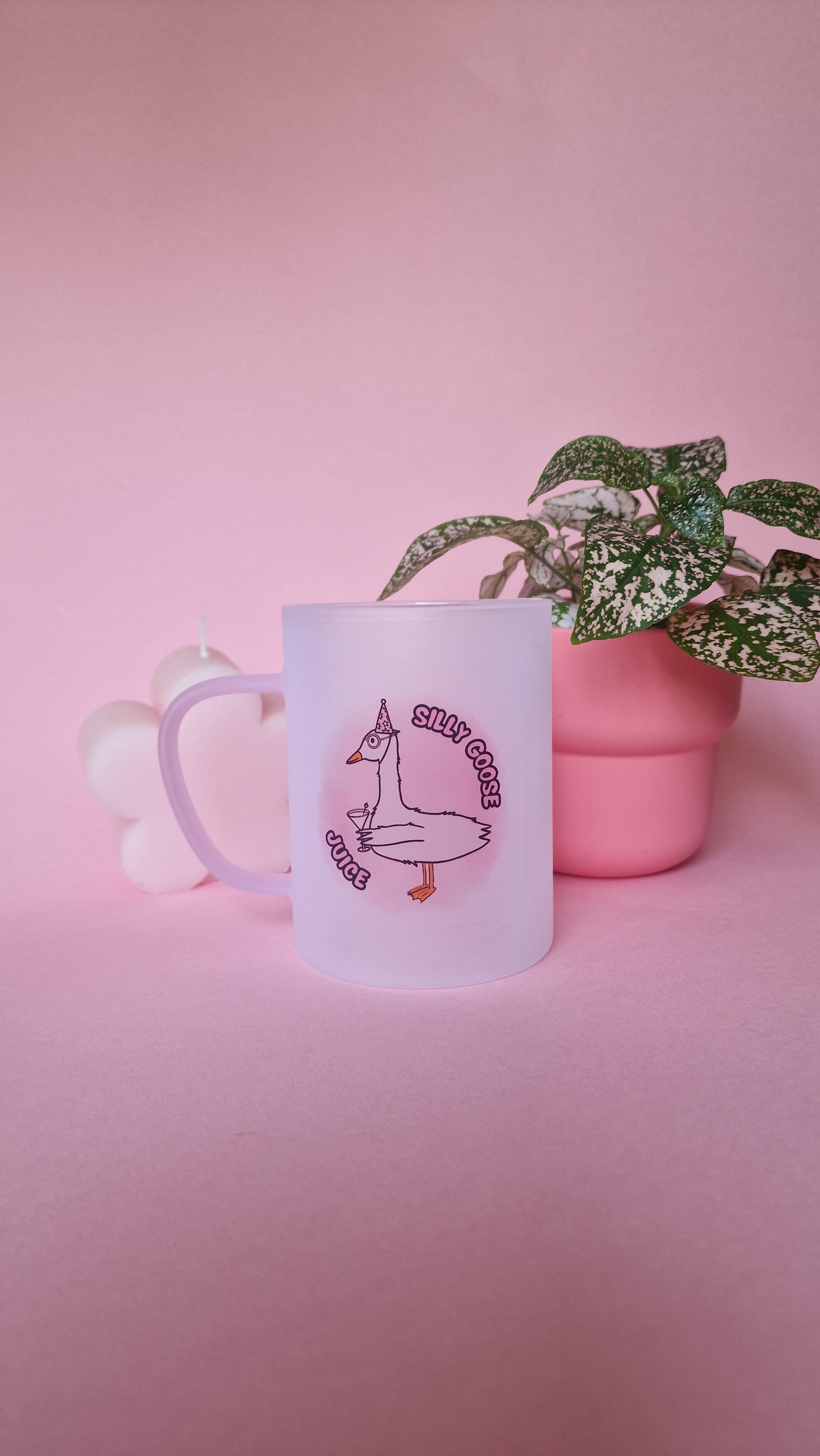 Silly Goose Juice | Pink Handled Frosted Glass Mug