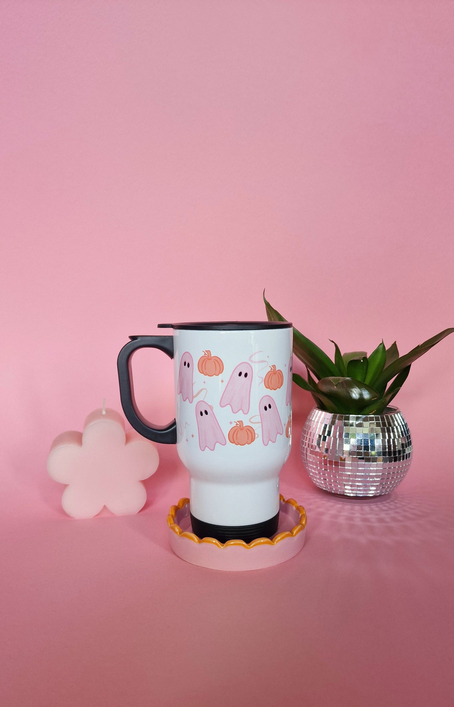 Cute Pink Ghost & Pumpkin Travel Mug