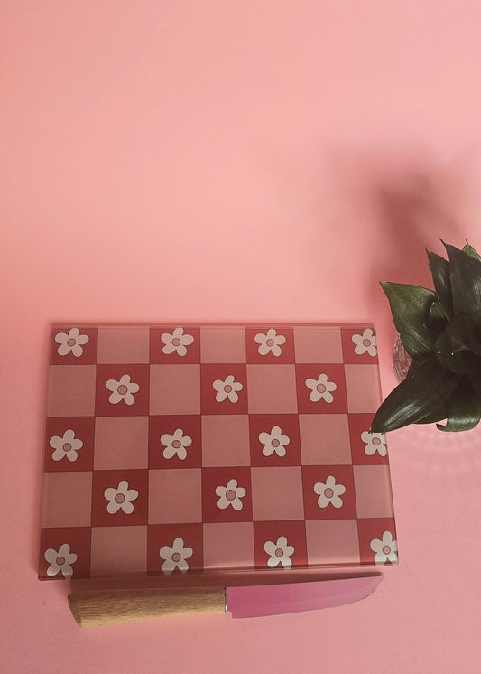 Pink & Red Flowers Glass Chopping Board