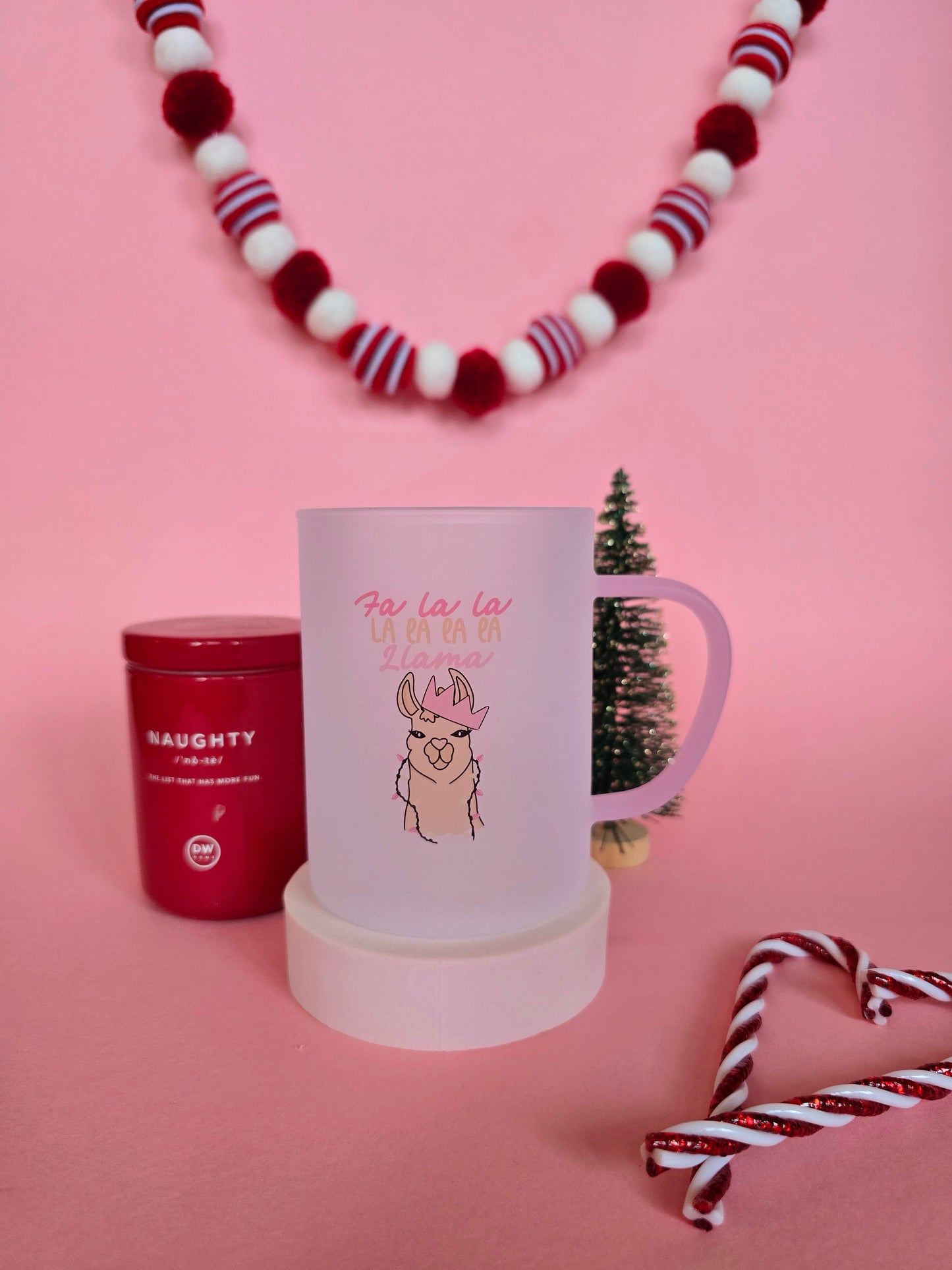 Fa La La Llama Christmas Mug | Pink Handled Frosted Glass Mug