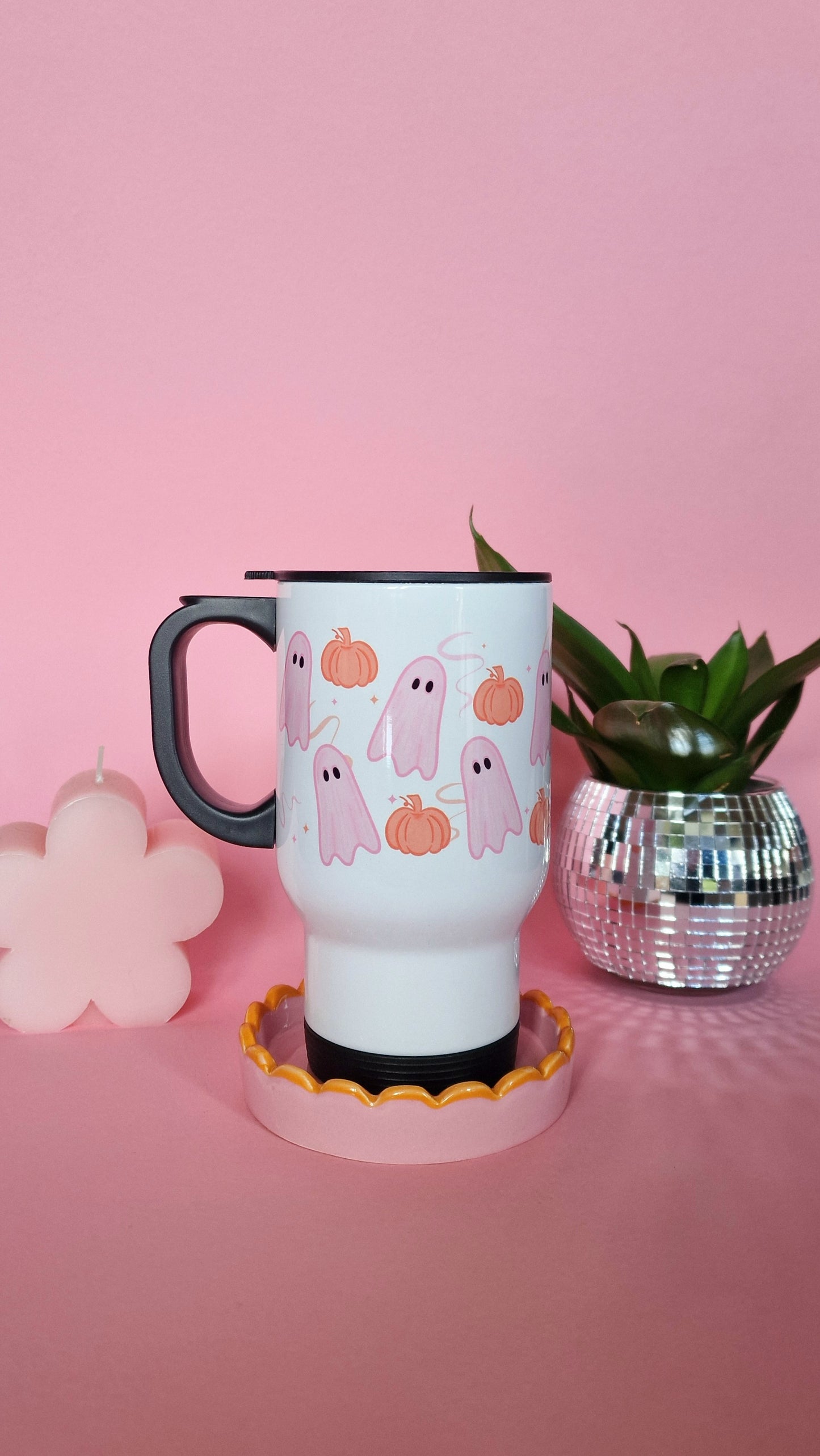 Pink Ghosties & Pumpkins Travel Mug