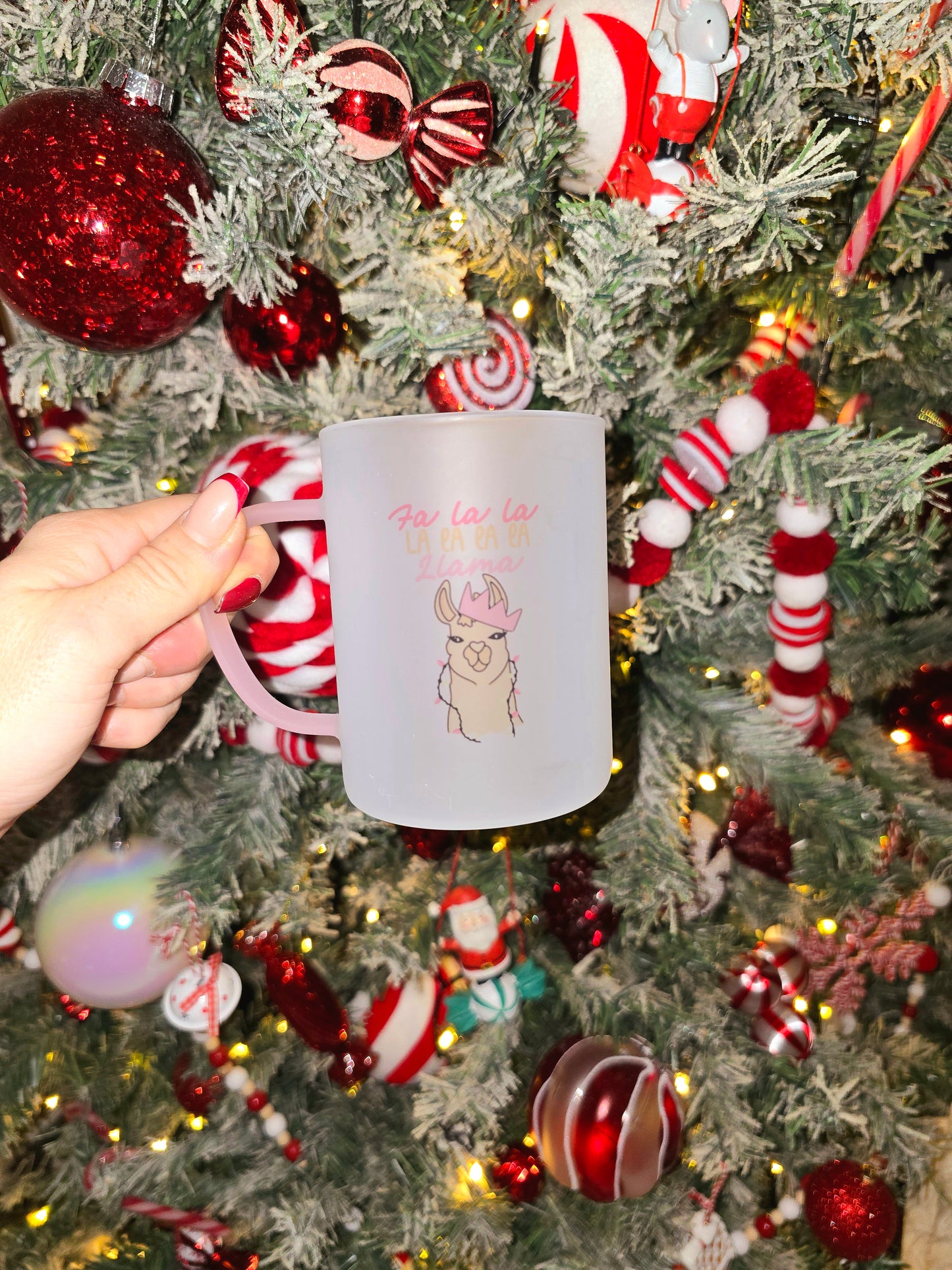 Fa La La Llama Christmas Mug | Pink Handled Frosted Glass Mug