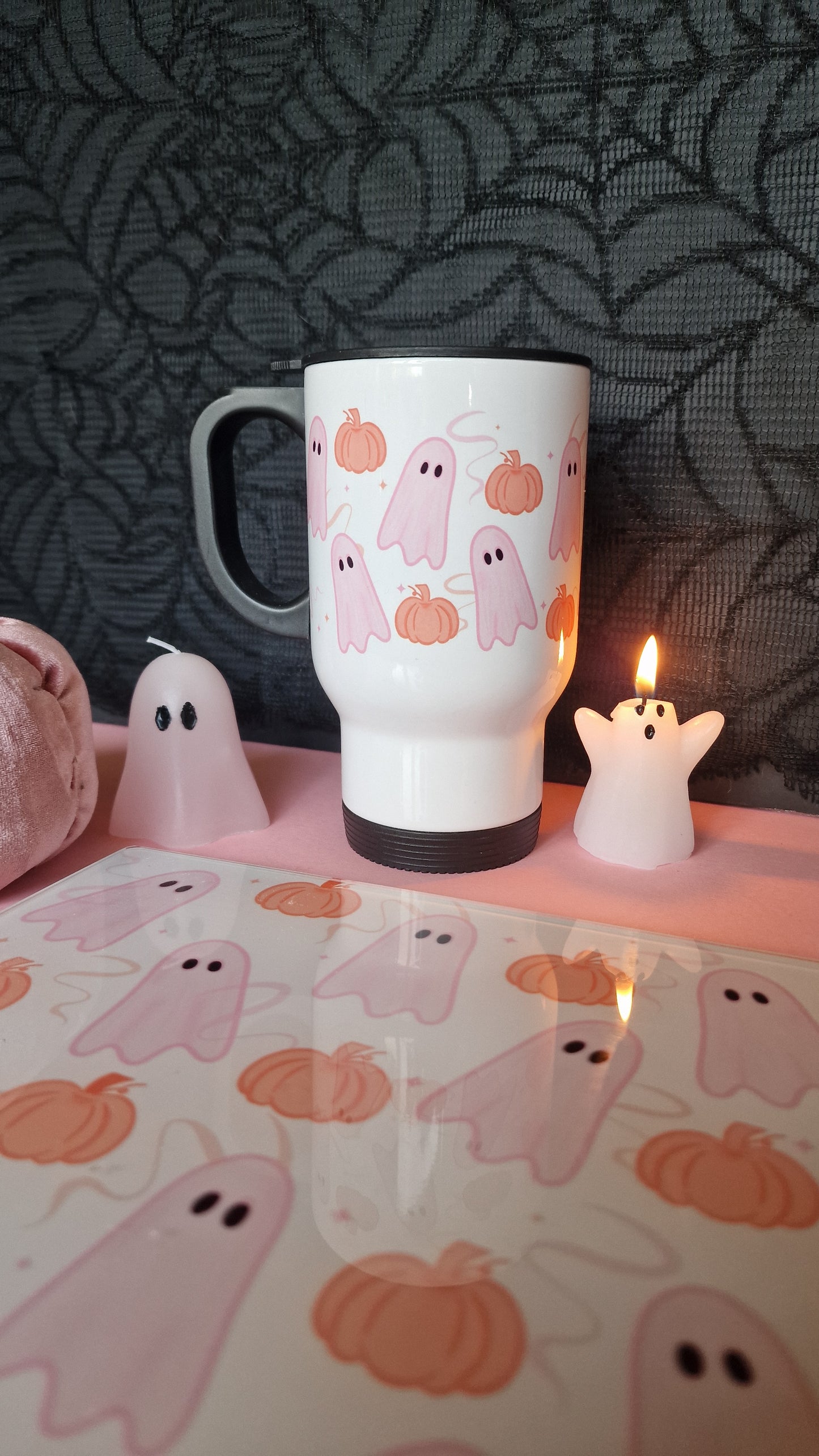 Pink Ghosties & Pumpkins Travel Mug