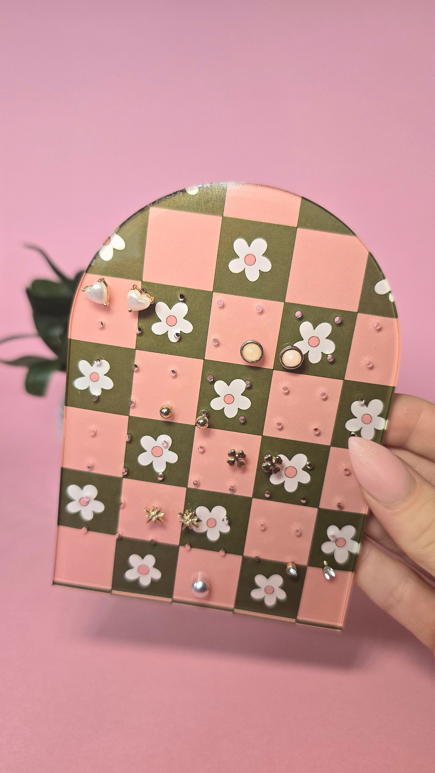 Earring Display Stand | Pink & Green Flowers | Holds 32 Pairs of Earrings | Stud Earring Jewelery Holder