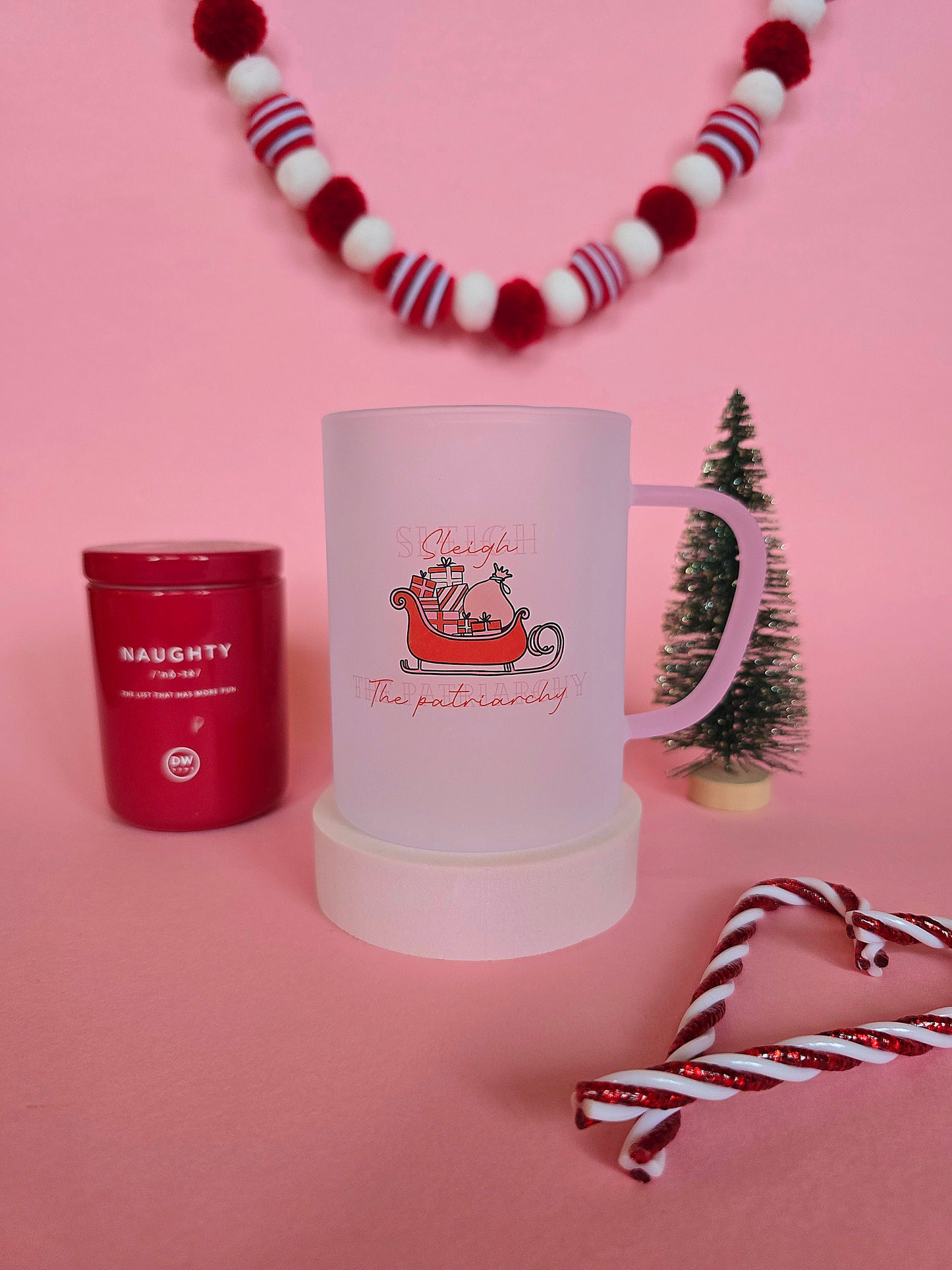 Sleigh The Patriarchy Christmas Mug | Pink Handled Frosted Glass Mug