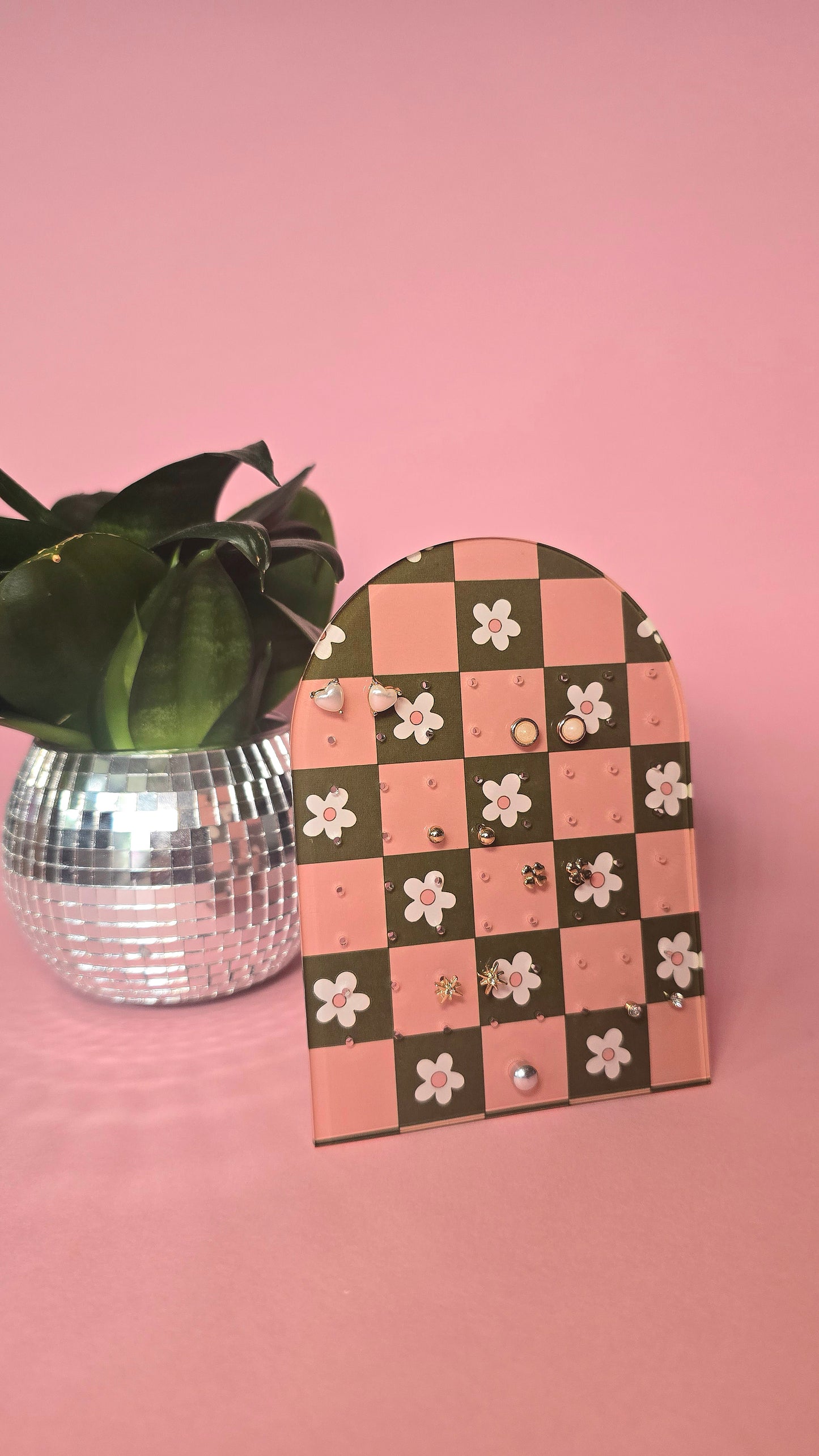 Earring Display Stand | Pink & Green Flowers | Holds 32 Pairs of Earrings | Stud Earring Jewelery Holder