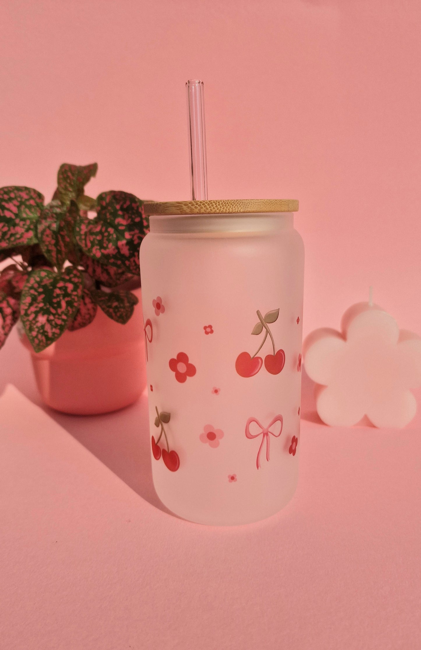 Cute Cherry Coquette Aesthetic Bows Glass Tumbler