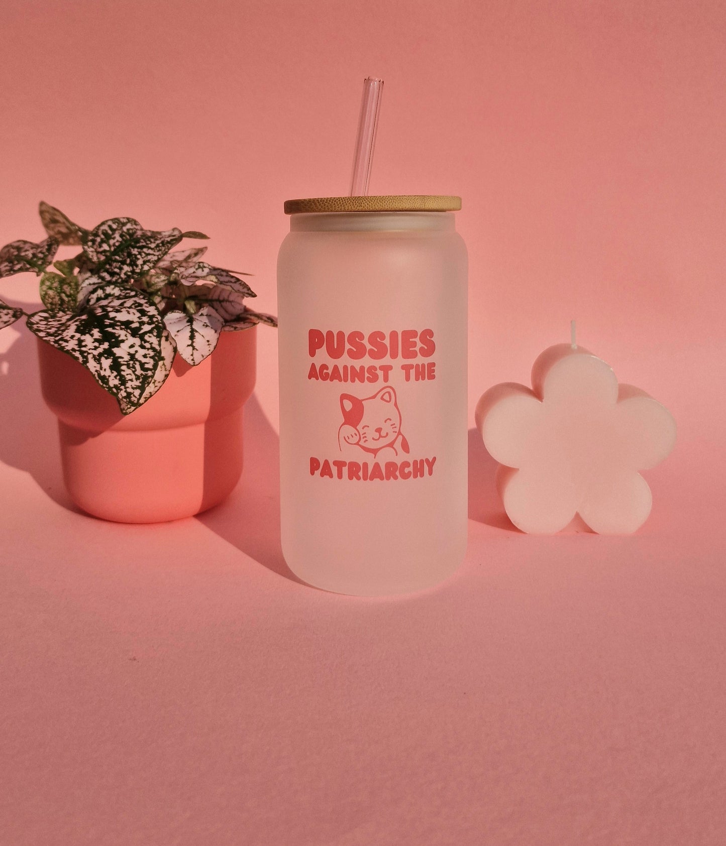 Pussies Against The Patriarchy Glass Tumbler Bamboo Lid & Straw