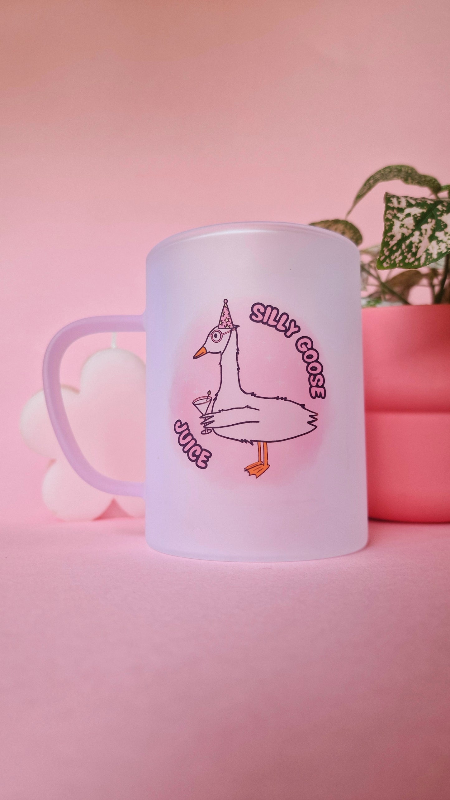 Silly Goose Juice | Pink Handled Frosted Glass Mug