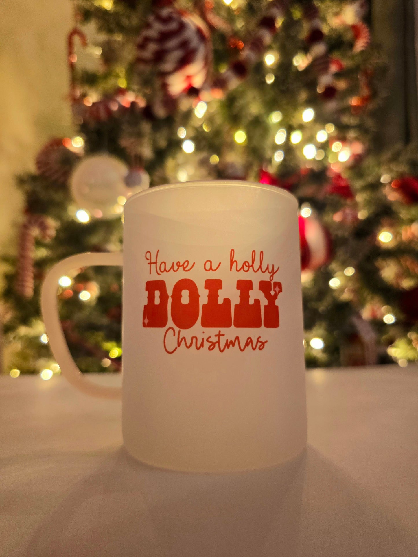 Holly Dolly Christmas Mug | Pink Handled Frosted Glass Mug