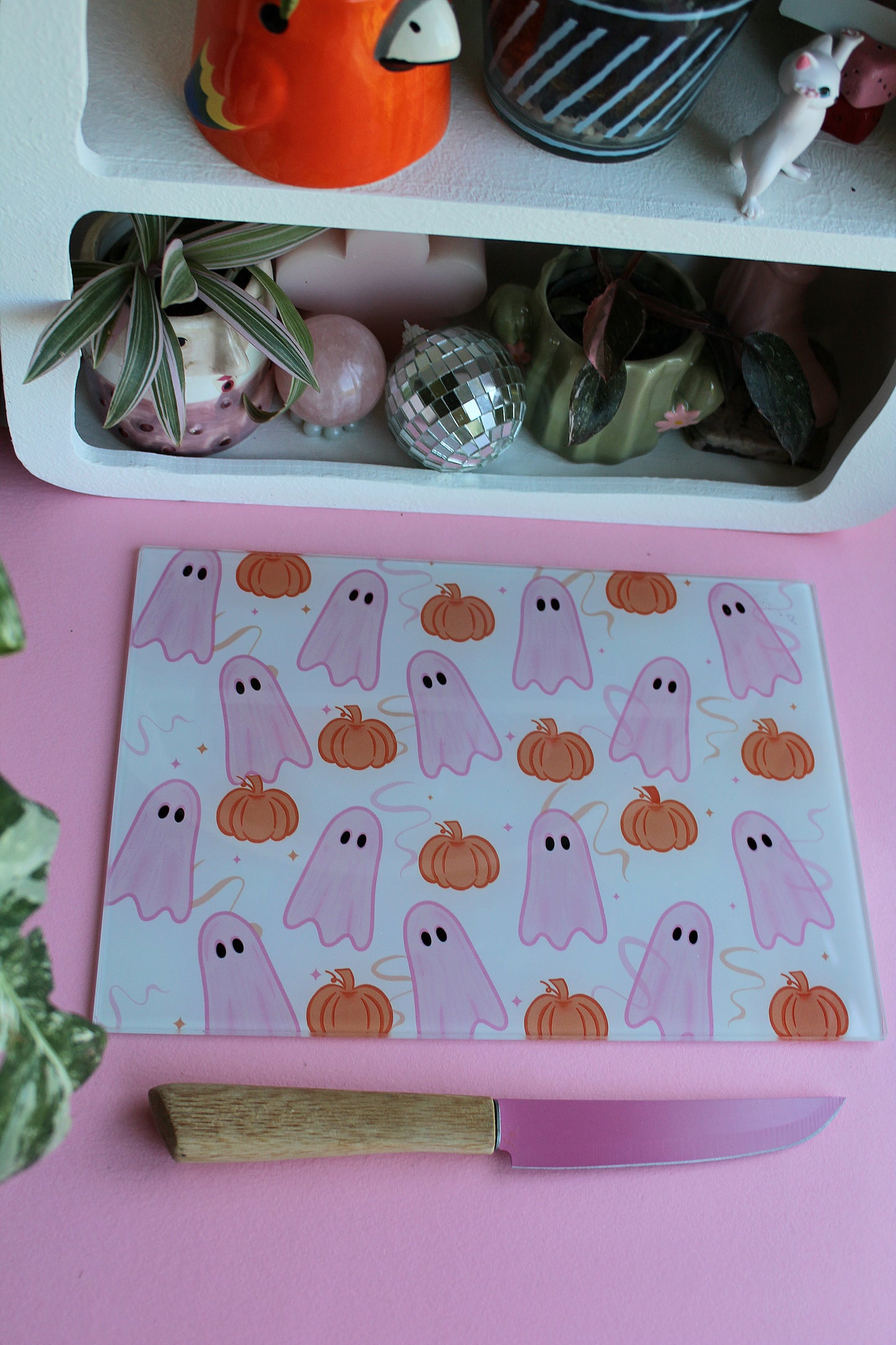 Pink Ghosties & Pumpkin Glass Chopping Board