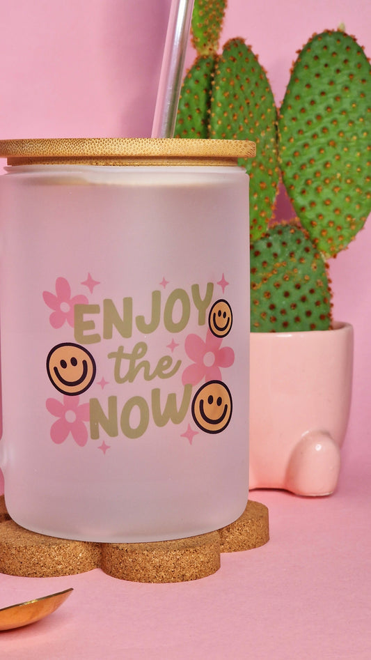 Enjoy the Now | Large 17oz Lidded Glass Frosted Mugs