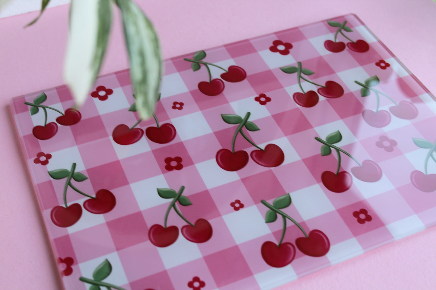 Cherry Gingham Coquette Style Glass Chopping board
