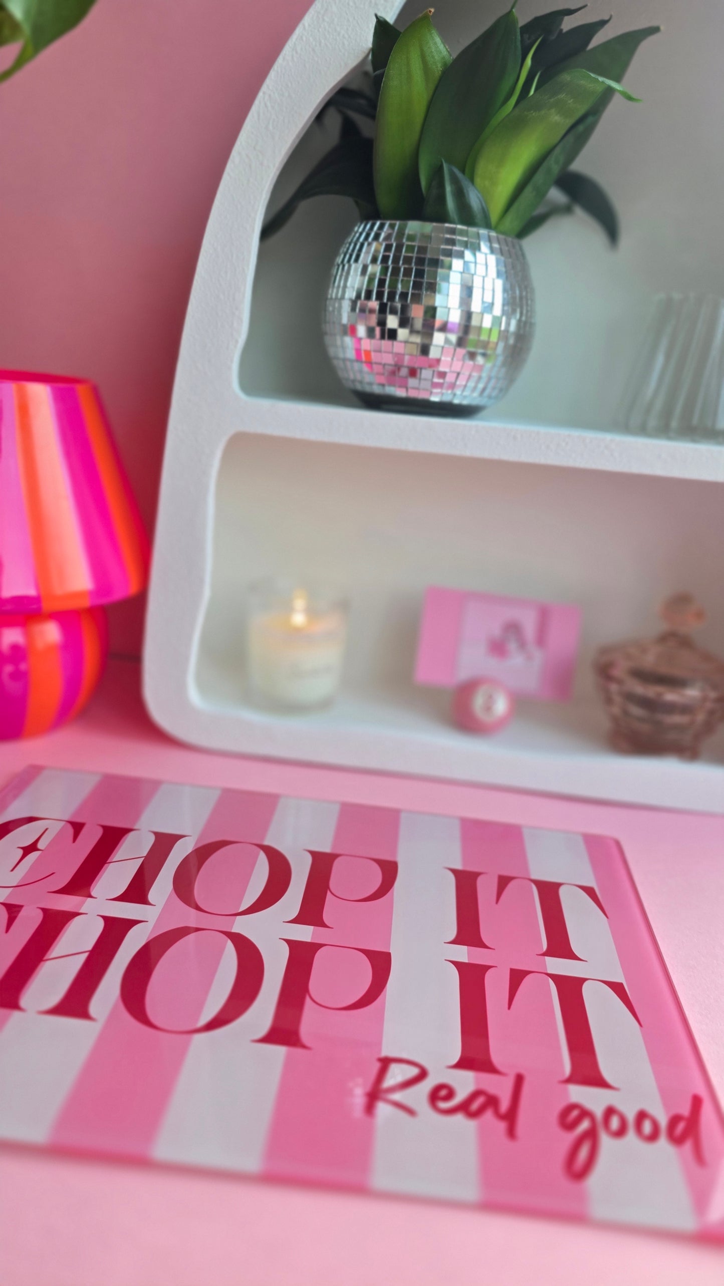Chop It Real Good Pink Glass Chopping Board