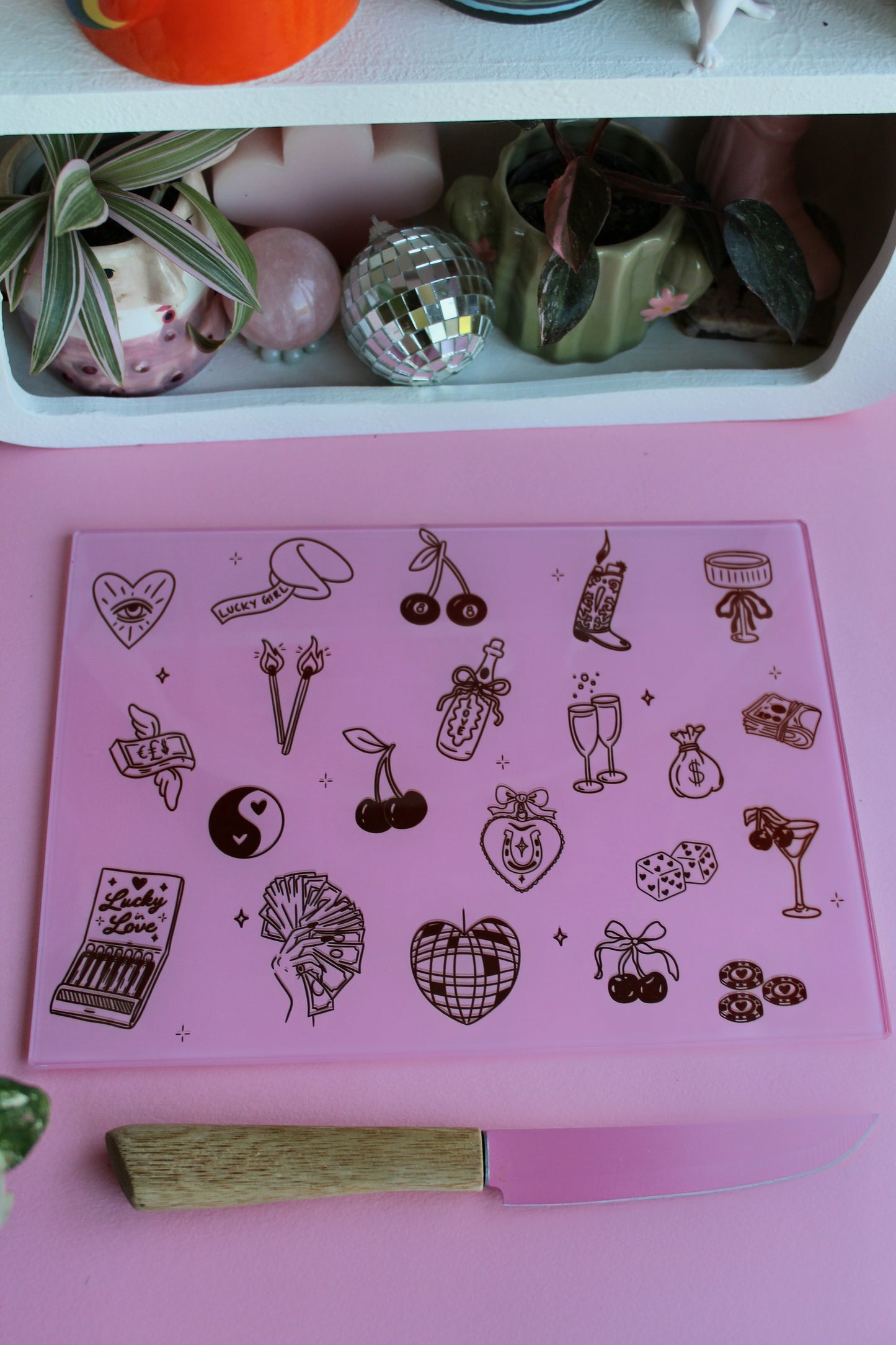 Lucky Girl Pink Glass Chopping Board