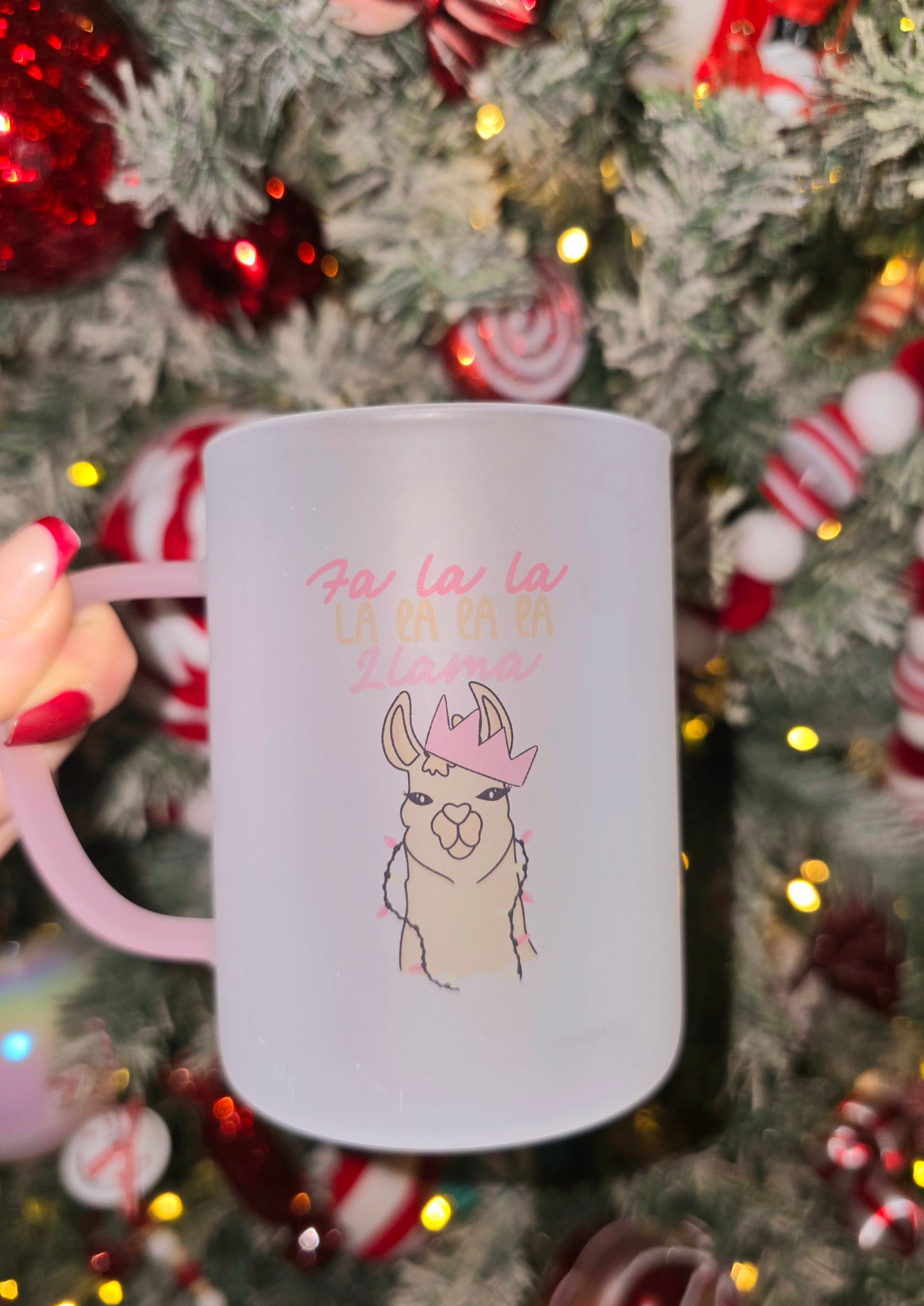 Fa La La Llama Christmas Mug | Pink Handled Frosted Glass Mug